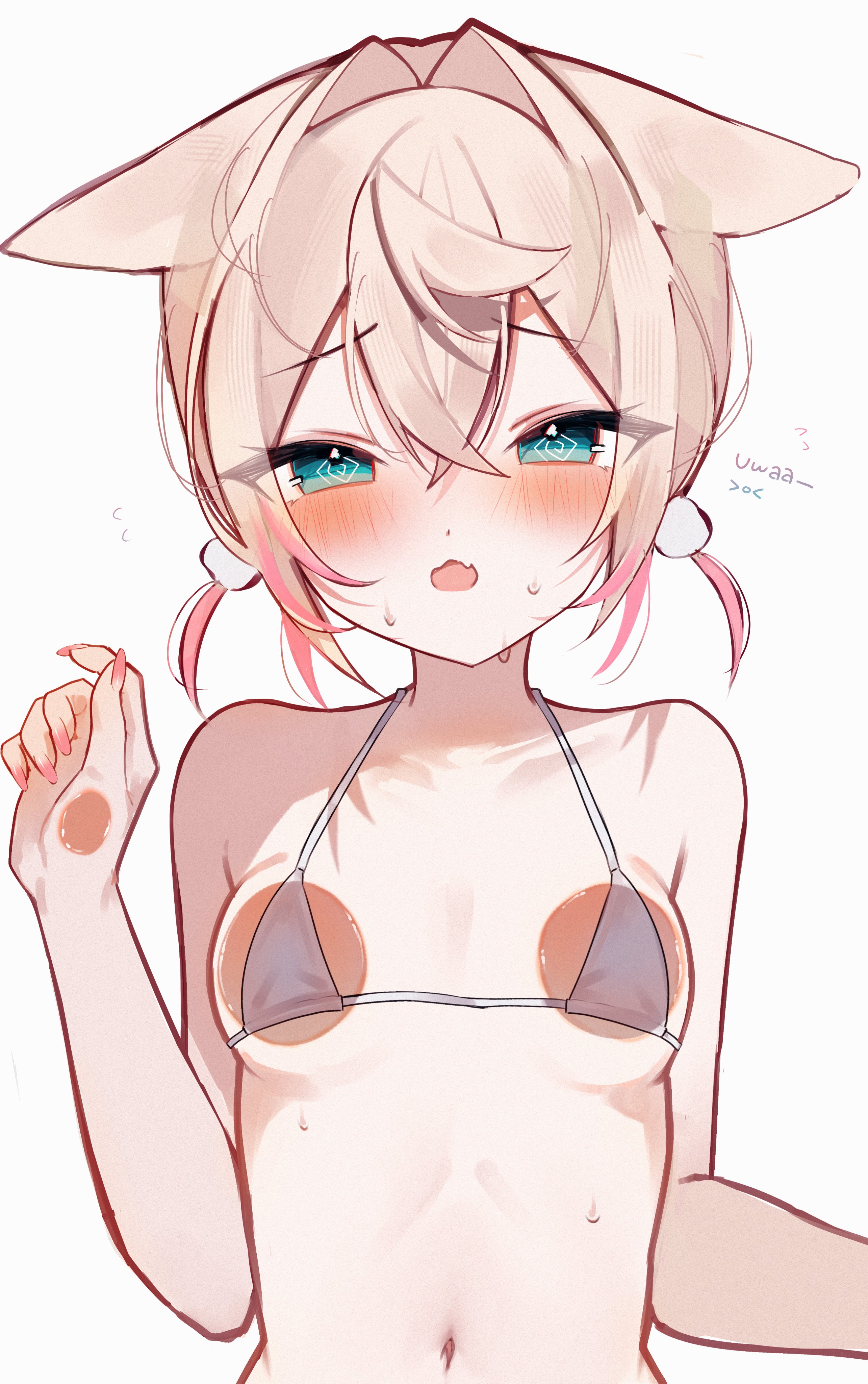 meiwowowo, mococo abyssgard, hololive, hololive english, absurdres, highres, 1girl, @ @, against glass, animal ears, bikini, blonde hair, blue eyes, blush, breast press, breasts, breasts on glass, dog ears, dog girl, looking at viewer, low twintails, navel, open mouth, pink nails, pink streaks, simple background, small breasts, solo, sweat, swimsuit, twintails, virtual youtuber, white background, white bikini