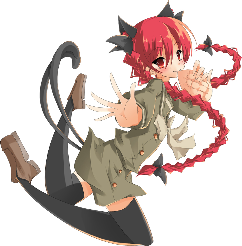 noi (noi 2y), kaenbyou rin, shana, shakugan no shana, touhou, non-web source, 1girl, bad anatomy, bad hands, bad leg, braid, bread, cosplay, female focus, food, full body, long hair, melon bread, red eyes, red hair, school uniform, shana (cosplay), simple background, solo, thighhighs, twin braids, twintails