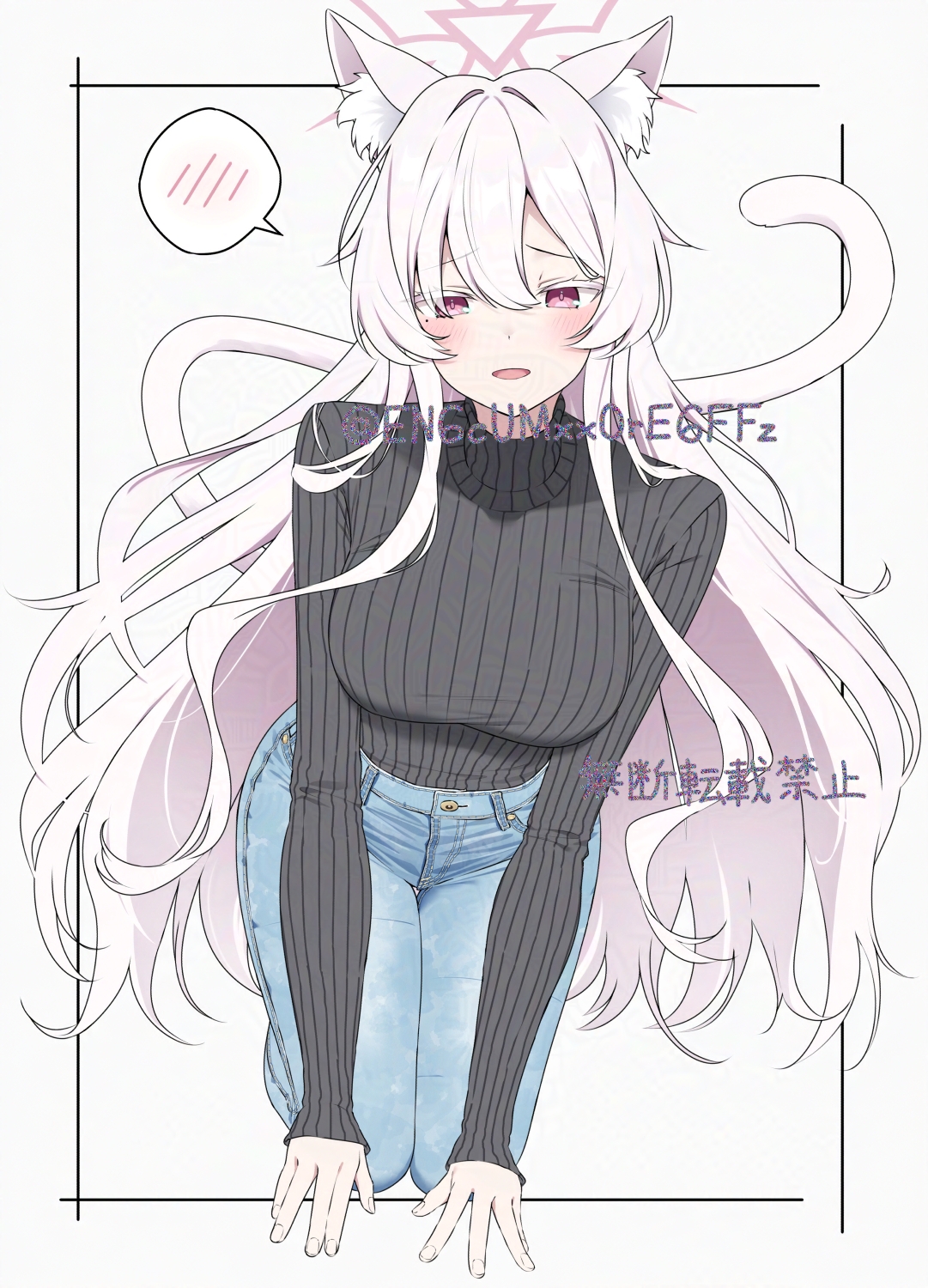 yamano rokamizu, akira (blue archive), blue archive, adversarial noise, commentary, highres, 1girl, alternate costume, animal ear fluff, animal ears, black sweater, blue pants, blush, border, breasts, casual, cat ears, cat tail, colored eyelashes, copyright notice, denim, fingernails, furrowed brow, hair between eyes, halo, jeans, legs together, light smile, long hair, long sleeves, looking at viewer, medium breasts, on floor, open mouth, pants, pink eyes, pink halo, ribbed sweater, seiza, simple background, sitting, solo, speech bubble, spoken blush, sweater, sweater tucked in, tail, turtleneck, turtleneck sweater, twitter username, very long hair, white background, white border, white eyelashes, white hair, white tail