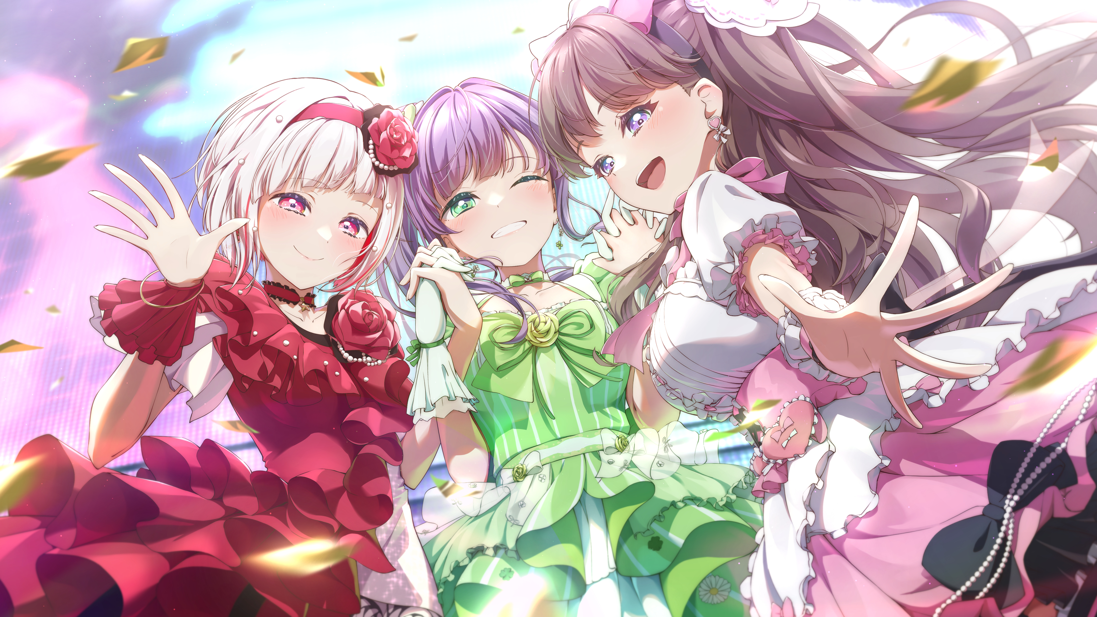 prbili, fujishima megumi, otomune kozue, yugiri tsuzuri, link! like! love live!, love live!, absurdres, commentary request, highres, 3girls, :d, ;d, be proud (love live!), breasts, brown hair, closed mouth, collarbone, colored inner hair, dress, flower hairband, gloves, green dress, green eyes, grey hair, grin, hairband, hasu no daisankaku, holding hands, interlocked fingers, large breasts, long hair, looking at viewer, multicolored hair, multiple girls, official alternate costume, one eye closed, open hand, open mouth, pink eyes, purple eyes, purple hair, red dress, red hair, red hairband, shiawase no ribbon, short sleeves, smile, streaked hair, two side up, virtual youtuber, white gloves, yappa tenshi!