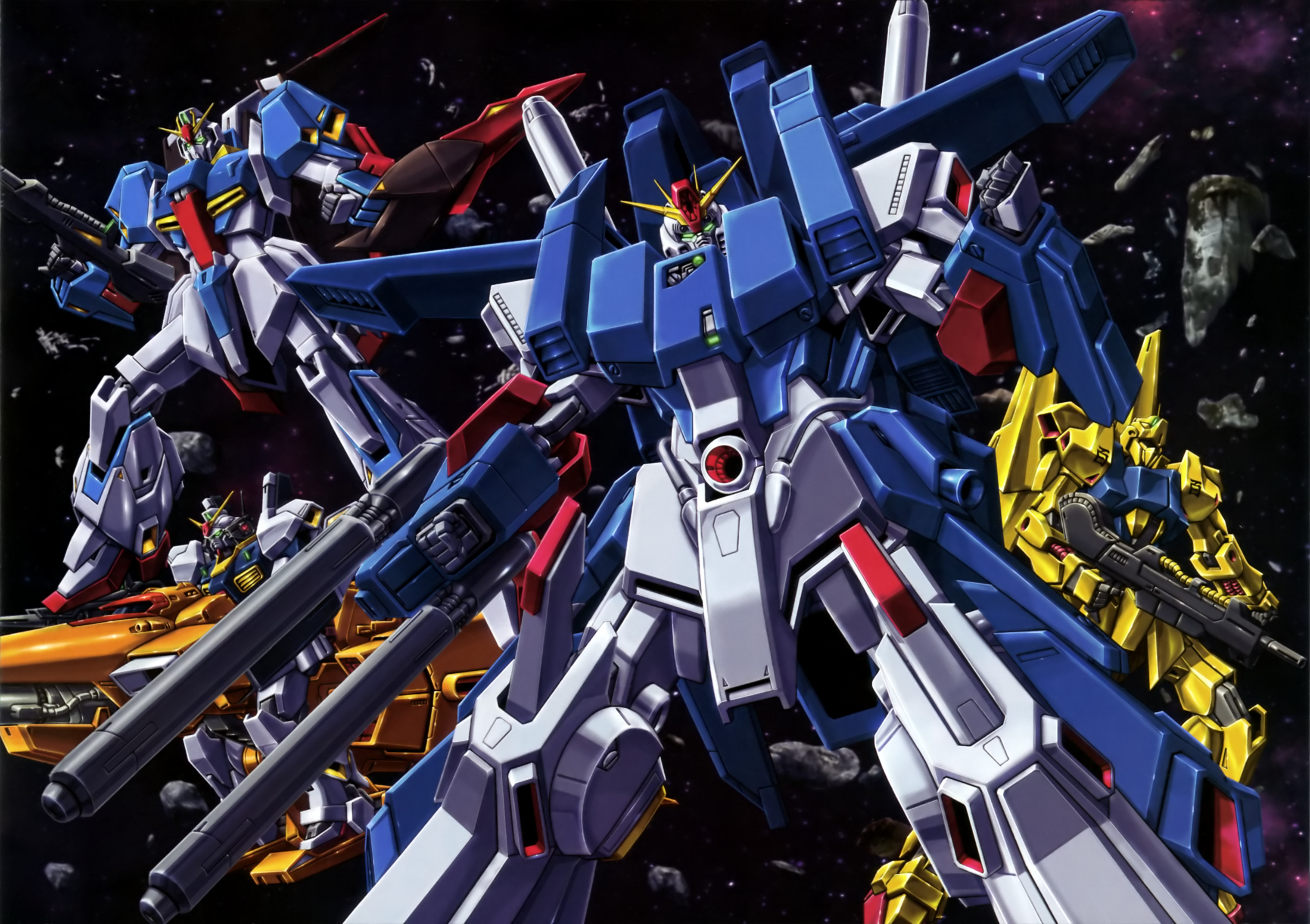 gundam mk ii, hyaku shiki, zeta gundam (mobile suit), zz gundam, gundam, gundam zz, artist request, downscaled, highres, official art, promotional art, resized, scan, traditional media, 1990s (style), aeug, asteroid, beam cannon, beam rifle, cable, chest cannon, energy gun, fleet, full armor zz gundam, gundam perfect file, gundam team, holding, holding weapon, machinery, mecha, mecha focus, mobile suit, no humans, retro artstyle, riding, robot, science fiction, shield, space, spacecraft, starfighter, v-fin, weapon, zero gravity