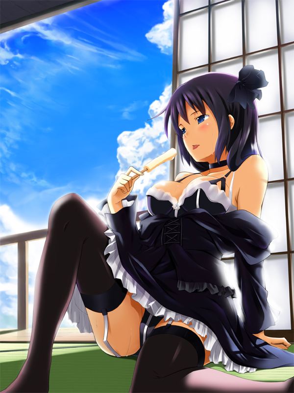 koikeya, original, bad id, bad pixiv id, 1girl, arm support, bare shoulders, blue eyes, bow, breasts, choker, cleavage, cloud, day, dress, ero lolita, female focus, food, frills, garter straps, gothic lolita, hair bow, hat, hot, large breasts, lolita fashion, long hair, off shoulder, panties, popsicle, purple hair, sitting, sky, solo, sweat, thighhighs, underwear, zettai ryouiki