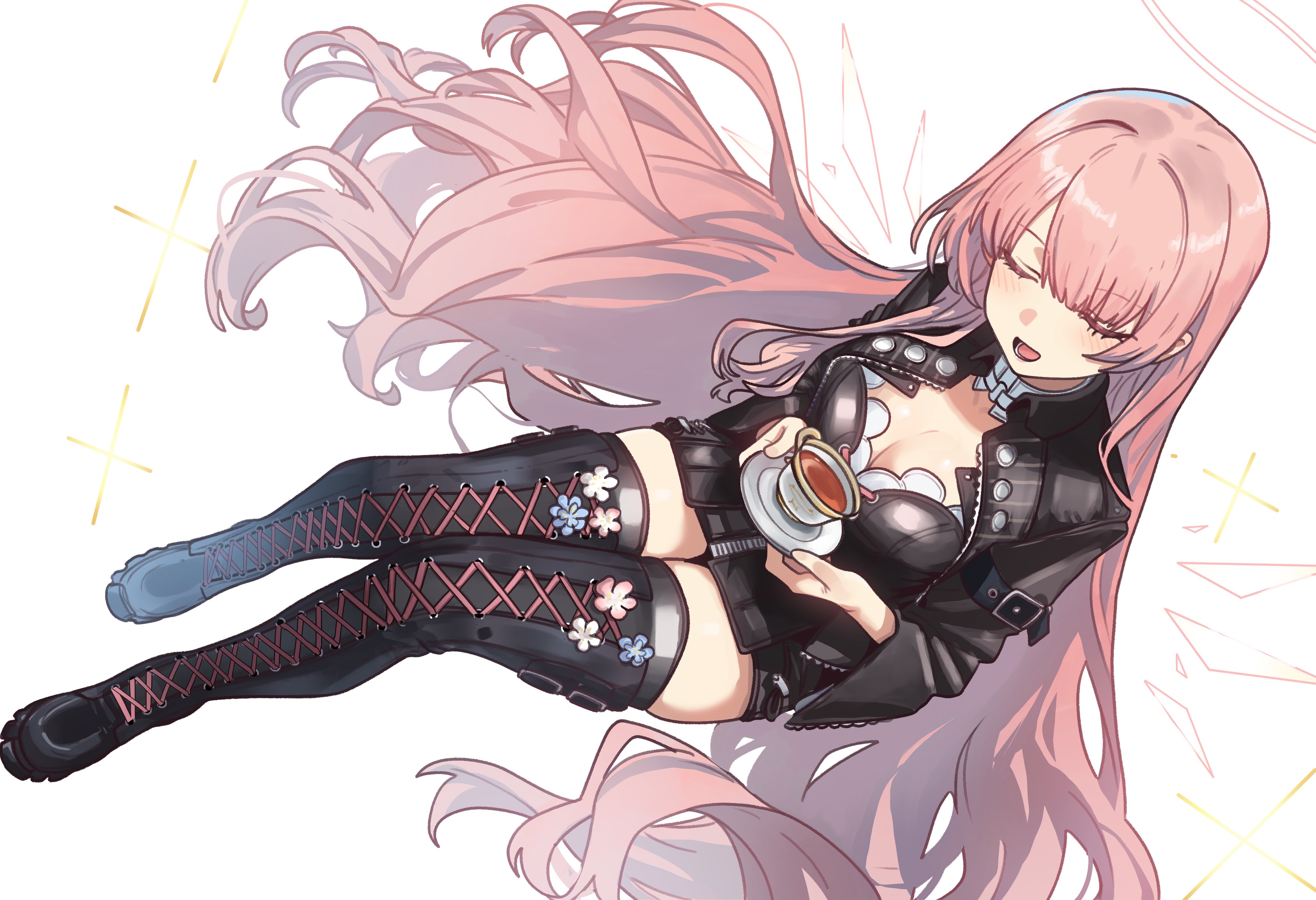 ebora, lemuen (arknights), arknights, absurdres, commentary, highres, 1girl, black boots, black dress, black jacket, black thighhighs, blush, boots, breasts, cleavage, closed eyes, cup, dress, energy wings, halo, holding, holding plate, jacket, long hair, open mouth, pink hair, pink halo, pink wings, plate, simple background, smile, solo, tea, teacup, teeth, thigh boots, thighhighs, thighs, white background, wings