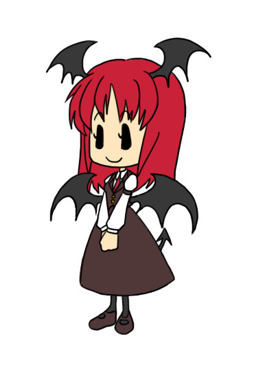 wabi (wbsk), wabi tsubaki, koakuma, embodiment of scarlet devil, touhou, 1girl, bat wings, chibi, female focus, full body, head wings, red hair, simple background, solo, standing, white background, wings