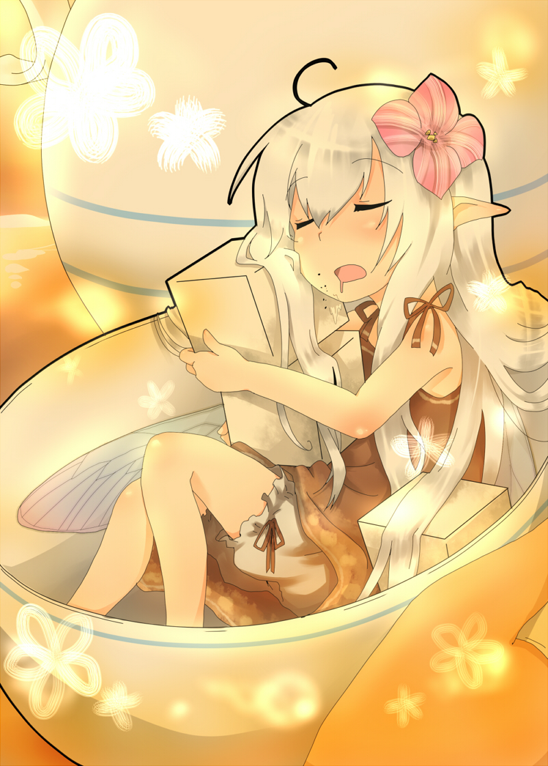 wanijima gaburi, original, bad id, bad pixiv id, ahoge, bloomers, closed eyes, cup, dress, fairy, flower, hair flower, hair ornament, in container, in cup, licking, mini person, minigirl, pointy ears, saliva, solo, sugar cube, teacup, underwear, white hair, wings