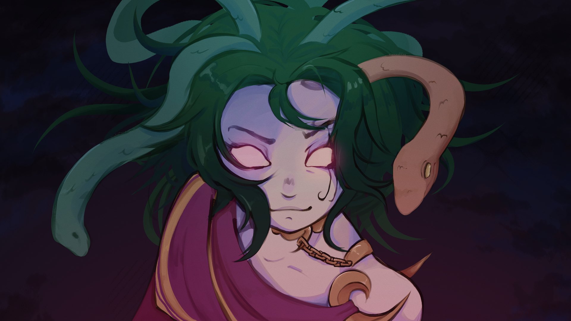 meimeicop, medusa (kid icarus), kid icarus, kid icarus uprising, nintendo, highres, 1girl, blank eyes, chain, facial mark, glowing, glowing eyes, gold chain, green hair, looking at viewer, snake hair, solo, upper body