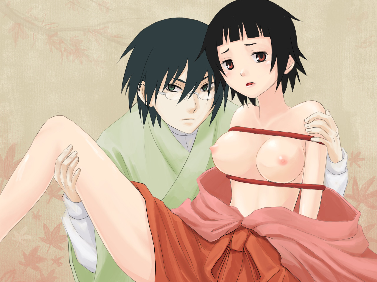 itoshiki nozomu, tsunetsuki matoi, sayonara zetsubou sensei, 00s, 1boy, 1girl, bare shoulders, bdsm, black hair, bondage, bound, breasts, brown eyes, glasses, hakama, hakama skirt, hitotoshite jiku ga bureteiru, japanese clothes, medium breasts, nipples, red hakama, short hair, skirt, topless female