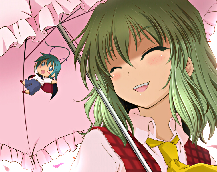 sui. (ayase), kazami yuuka, wriggle nightbug, touhou, 2girls, ^ ^, antennae, ascot, blue eyes, blush, blush stickers, cape, chibi, closed eyes, female focus, green hair, mini person, minigirl, multiple girls, open mouth, plaid clothes, plaid vest, portrait, shaded face, short hair, smile, umbrella, vest