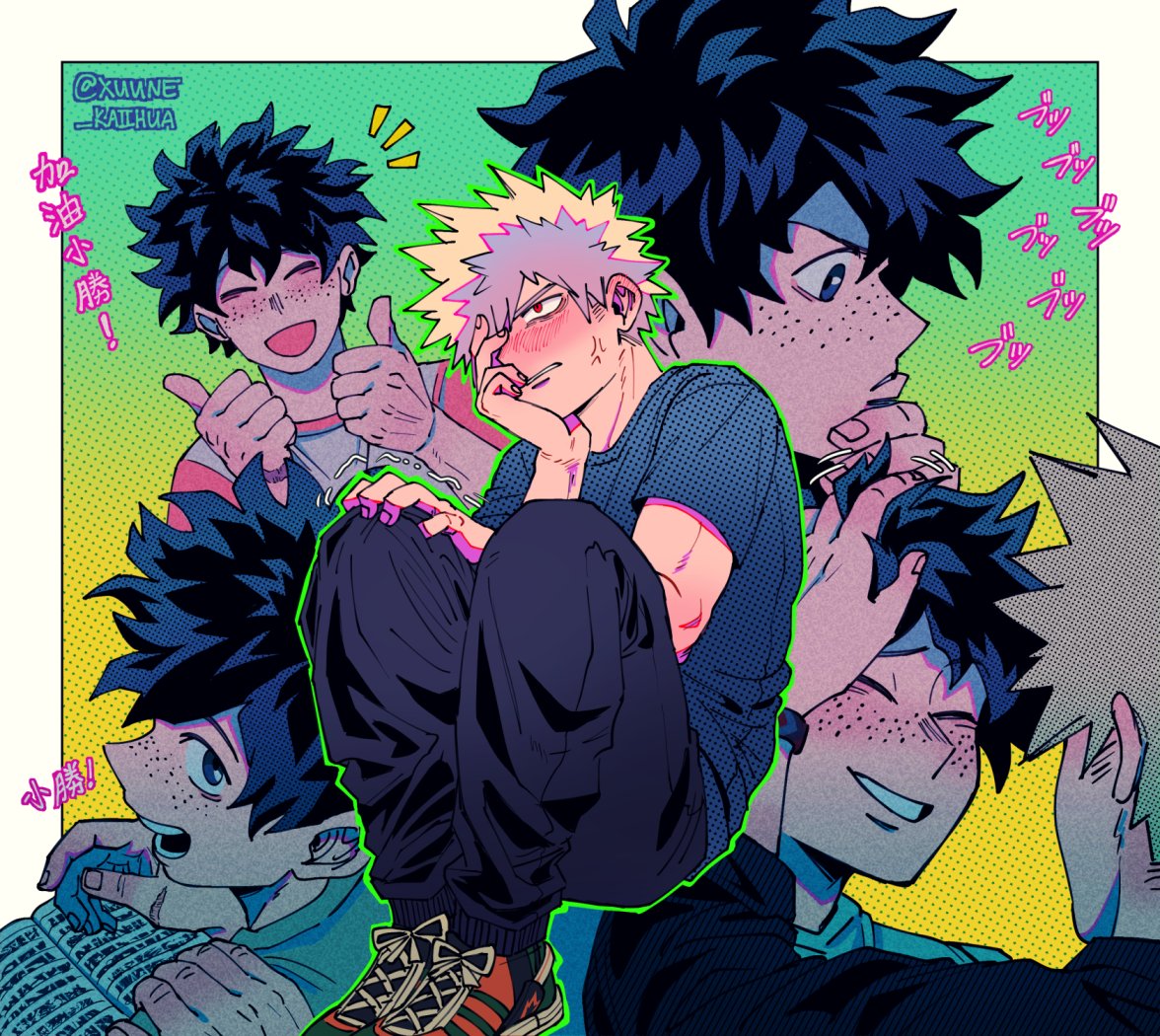 bakugou katsuki, midoriya izuku, boku no hero academia, commentary, english commentary, 2boys, anger vein, black pants, blonde hair, blush, book, crew neck, double thumbs up, embarrassed, fingernails, freckles, green eyes, grin, hand in another's hair, hand on another's shoulder, hand on own knee, implied yaoi, kaiihua, male focus, motion lines, multiple boys, open book, open mouth, pants, parted bangs, red shoes, shirt, shoelaces, shoes, short hair, short sleeves, smile, sneakers, sound effects, spiked hair, t-shirt, teeth, thumbs up