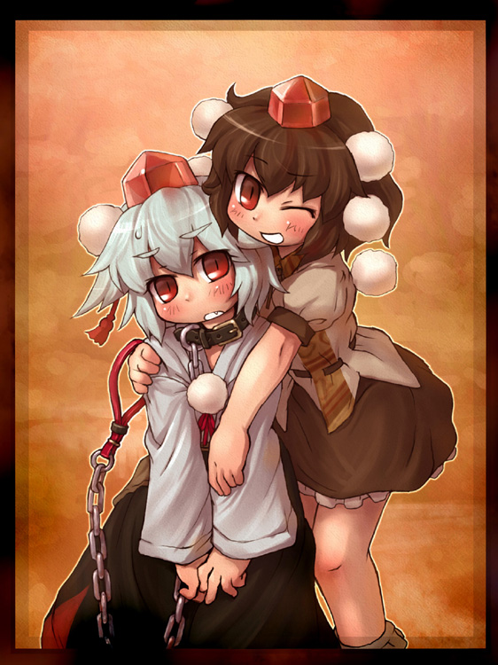 sankuma, inubashiri momiji, shameimaru aya, touhou, silver hair, 2girls, black hair, chain, chain leash, collar, female focus, hat, hug, leash, multiple girls, one eye closed, red eyes, short hair, standing, tokin hat, wink