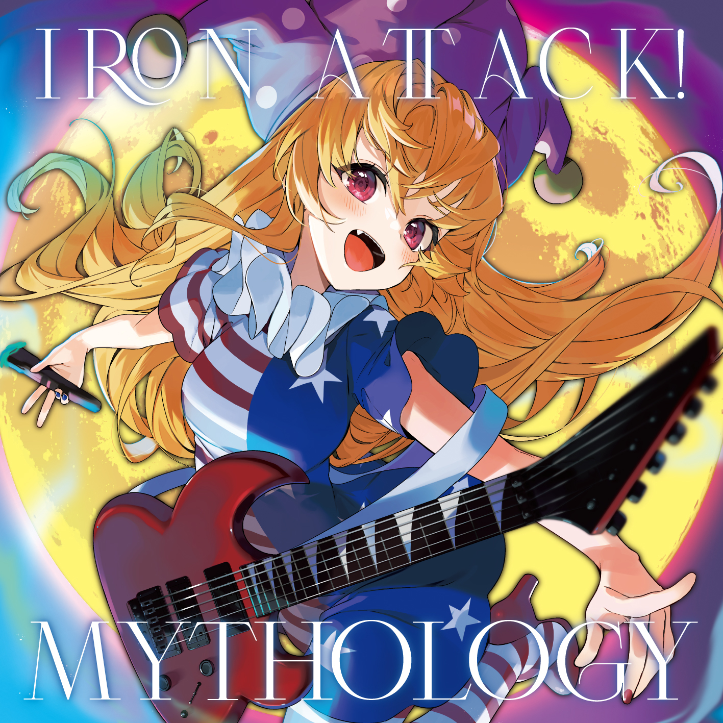 gotoh (nekocat), clownpiece, iron attack!, touhou, commentary request, highres, second-party source, 1girl, album cover, album name, american flag dress, american flag legwear, blonde hair, blue nails, blush, circle name, cover, dress, electric guitar, fang, fingernails, guitar, hair between eyes, hat, high heels, holding, holding torch, instrument, jester cap, long hair, nail polish, neck ruff, open mouth, pantyhose, pink eyes, polka dot, polka dot headwear, purple hat, red nails, red shoes, shoes, short sleeves, signature, smile, solo, star (symbol), star print, striped clothes, striped dress, striped pantyhose, torch, very long hair