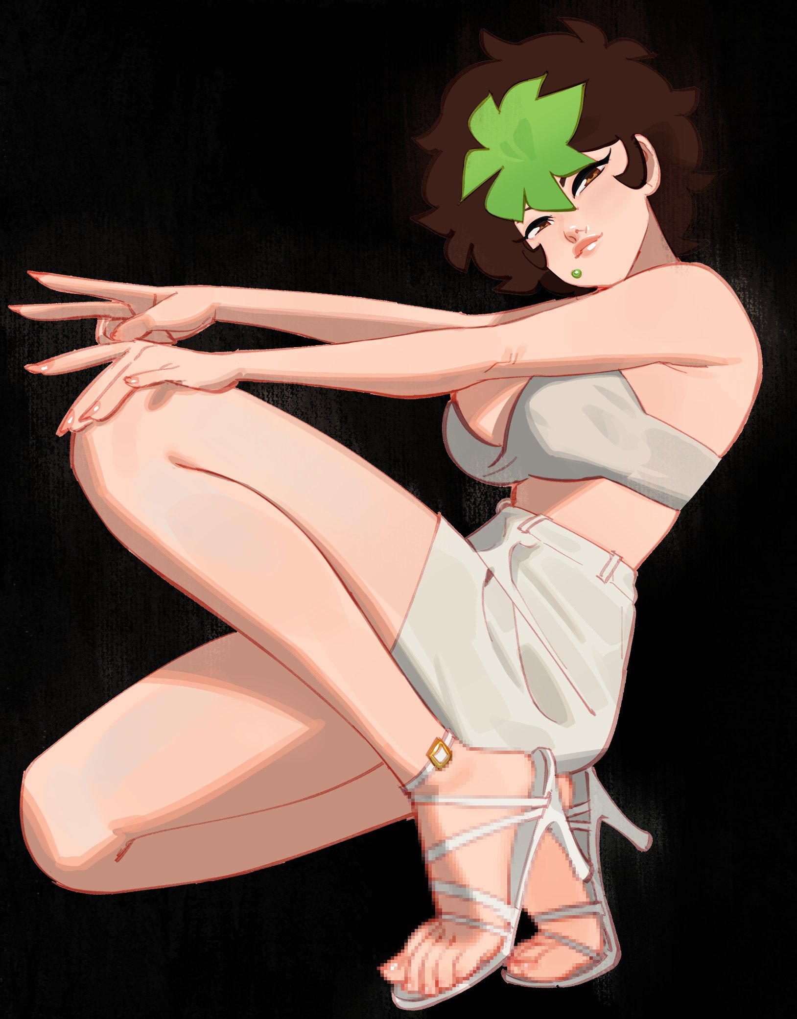 l4wless, original, highres, 1girl, armpit crease, bare legs, black background, bra, brown eyes, brown hair, censored, censored feet, feet, full body, green hair, hand on own knee, high-waist skirt, knee up, legs, lips, looking at viewer, multicolored hair, sandals, short hair, simple background, skirt, solo, squatting, strappy heels, thighs, toenails, toes, two-tone hair, underwear, white bra, white sandals, white skirt