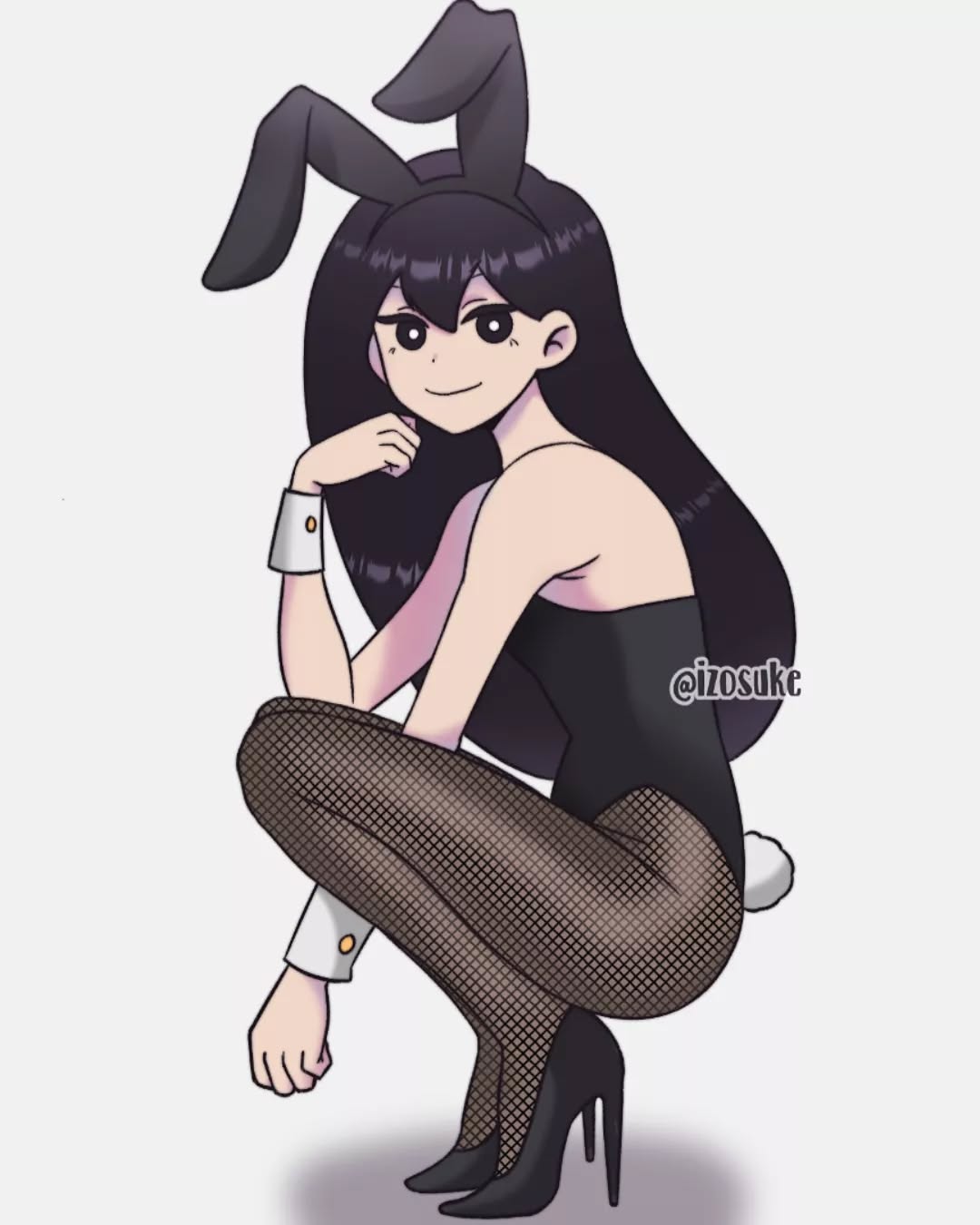 mari (faraway) (omori), mari (omori), omori, commentary, english commentary, highres, 1girl, animal ears, artist name, black eyes, black hair, black leotard, black pantyhose, black shoes, fake animal ears, fake tail, fishnet pantyhose, fishnets, from side, full body, high heels, izosuke, leotard, long hair, looking at viewer, pantyhose, rabbit ears, rabbit tail, shoes, smile, solo, squatting, strapless, strapless leotard, tail, wrist cuffs