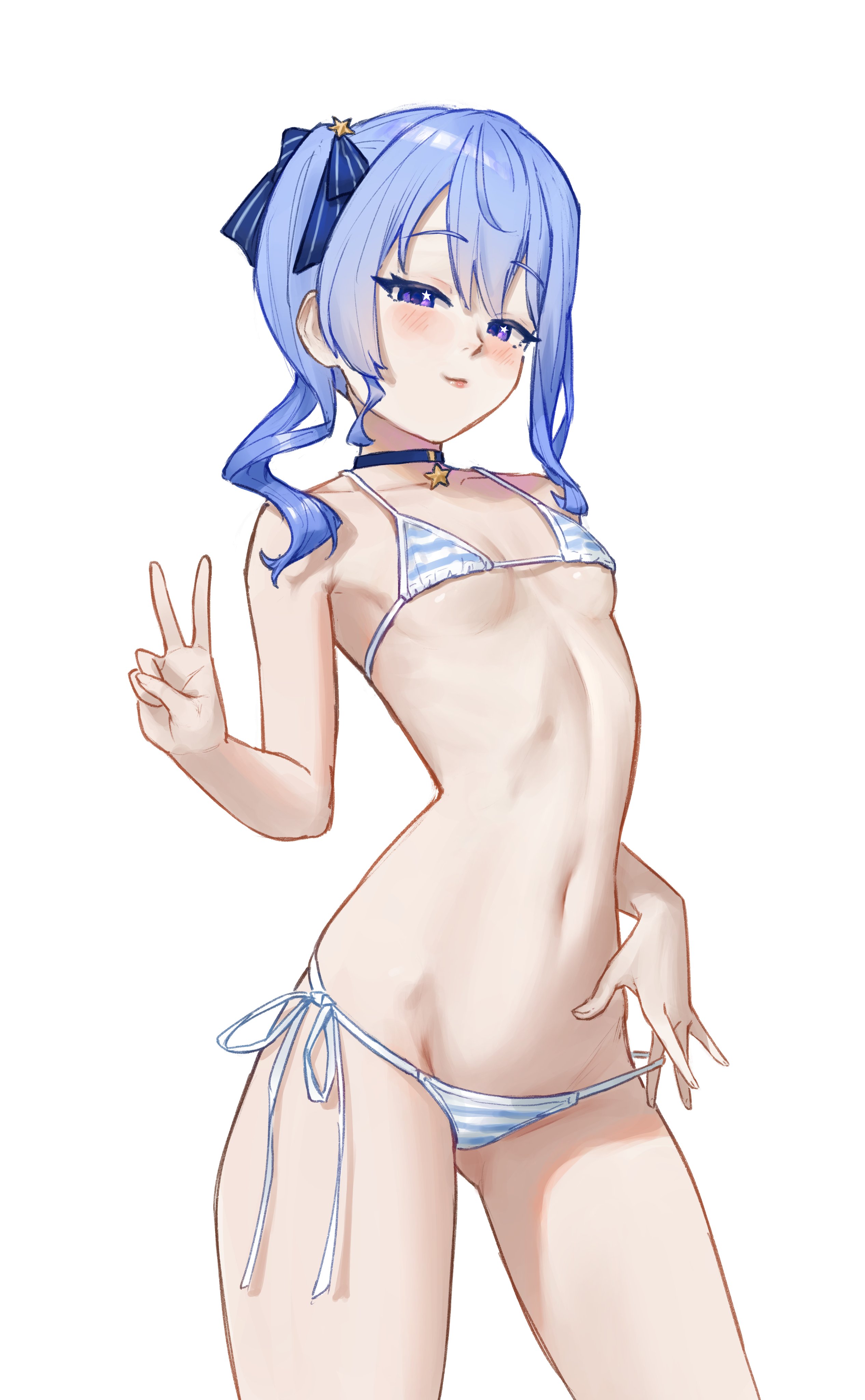 bobsta01, hoshimachi suisei, hololive, 1girl, bikini, blue bikini, blue hair, breasts, collar, collarbone, flat chest, hair ribbon, looking at viewer, micro bikini, midriff, navel, petite, purple eyes, ribbon, side-tie bikini bottom, side ponytail, small breasts, star (symbol), string bikini, striped bikini, striped clothes, swimsuit, underboob, v, virtual youtuber, white bikini