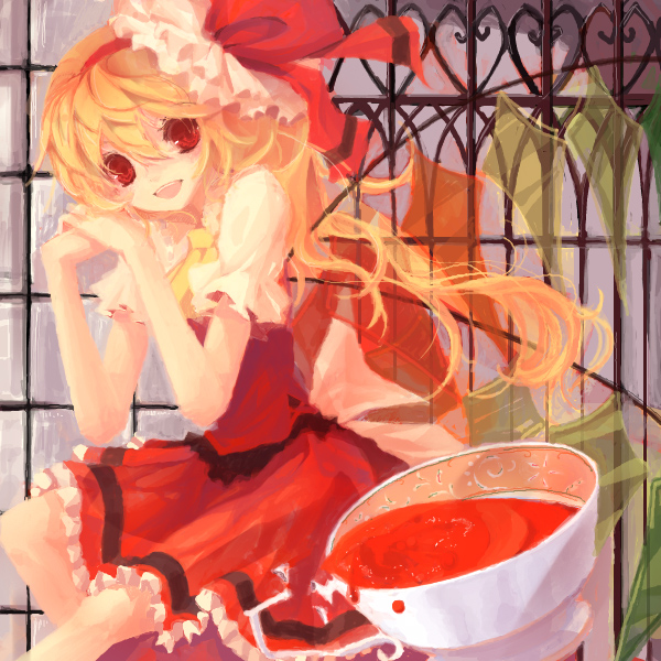 saya (sayaya), flandre scarlet, touhou, bad id, bad pixiv id, 1girl, blonde hair, blouse, female focus, hair between eyes, hat, red eyes, ribbon, shirt, sitting, solo, tea, white shirt, wings