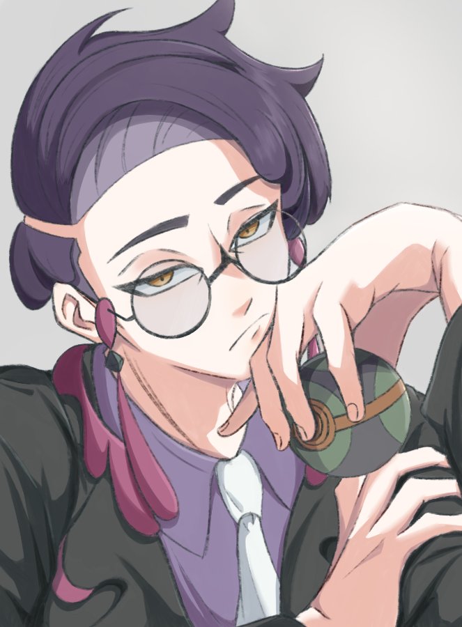 corbeau (pokemon), nintendo, pokemon, pokemon legends: z-a, commentary request, 1boy, arm up, black-framed eyewear, black jacket, closed mouth, collared shirt, dusk ball, frown, grey background, holding, holding poke ball, jacket, karasu (ygky7532), lapels, long sleeves, looking at viewer, male focus, necktie, parted hair, poke ball, purple hair, purple shirt, round eyewear, sanpaku, shirt, solo, suit jacket, upper body, white necktie, wing collar, yellow eyes