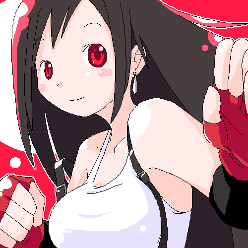 shiba yuusuke, tifa lockhart, final fantasy, final fantasy vii, lowres, 1990s (style), 1girl, breasts, brown hair, earrings, female focus, fingerless gloves, gloves, jewelry, large breasts, oekaki, red eyes, solo, suspenders