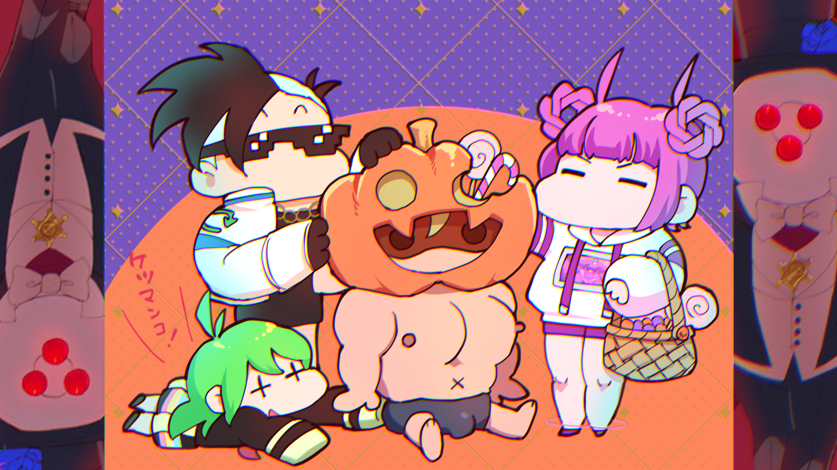 skemaid, character request, commentary request, highres, translation request, + +, 1other, 2boys, 2girls, = =, basket, black hair, black shirt, bow, bowtie, braid, braided hair rings, candy, candy cane, chatgpt, chatgpt-tan, chibi, closed eyes, deal with it (meme), food, full body, green hair, hair horns, hair rings, halloween, hat, holding, holding basket, hood, hood down, hoodie, jack-o'-lantern, jacket, logo hair ornament, lollipop, long hair, long sleeves, lying, meme, multiple boys, multiple girls, no mouth, on stomach, open mouth, personification, pillarboxed, purple hair, purple shorts, screen, sheriff badge, shirt, short hair, shorts, sitting, smile, standing, sunglasses, tone sphere, top hat, topless male, trin (tone sphere), white hoodie, white jacket, x navel