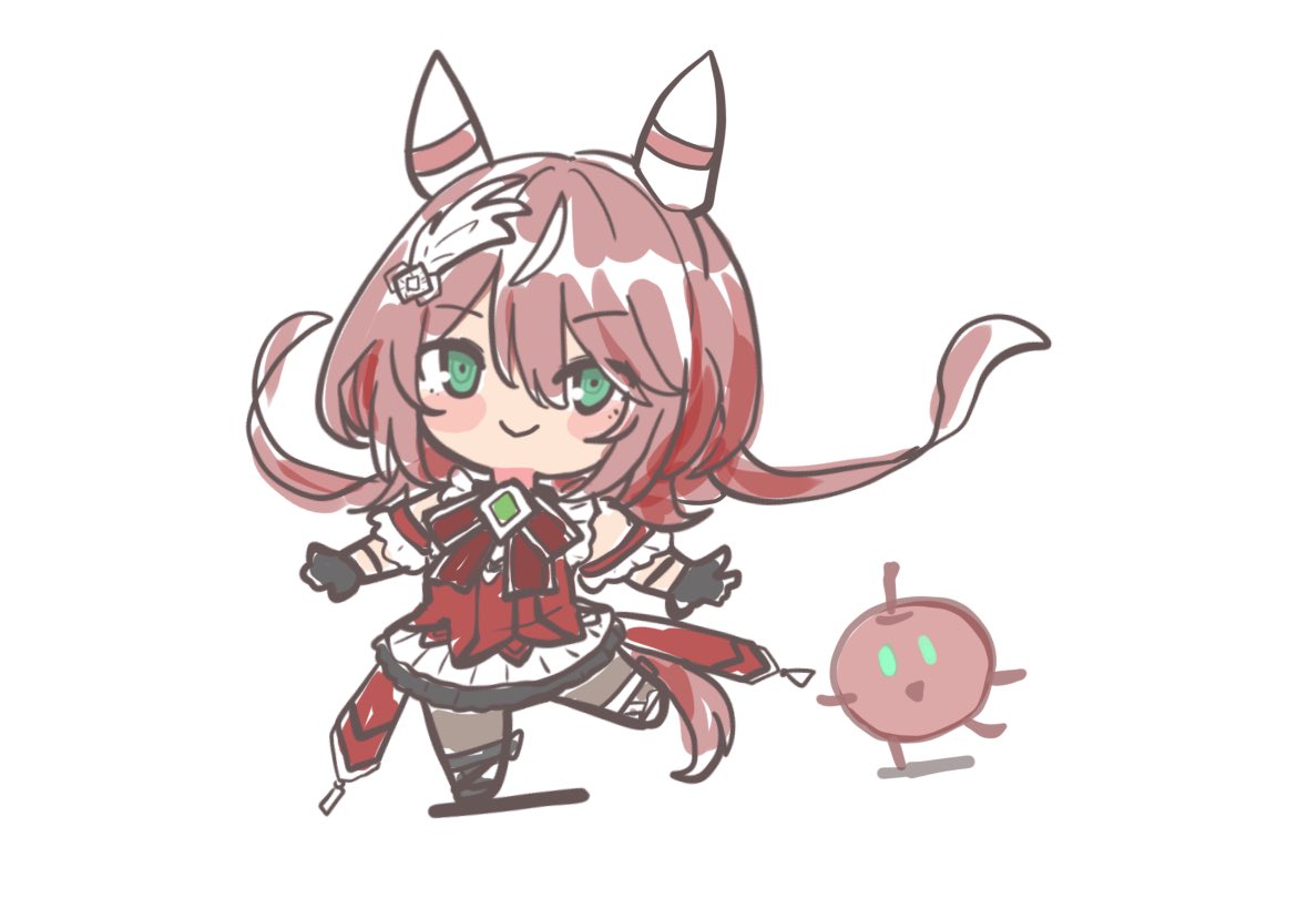 kawamochi (kawauti919), win variation (umamusume), umamusume, 1girl, animal ears, apple, asymmetrical footwear, black gloves, black shoes, blush stickers, bow, brown hair, brown pantyhose, chibi, closed mouth, dress, floating hair, food, fruit, gloves, green eyes, hair between eyes, horse ears, horse girl, horse tail, long hair, mismatched footwear, pantyhose, pleated skirt, red bow, red dress, shoes, simple background, skirt, smile, solo, standing, standing on one leg, tail, very long hair, white background, white shoes, white skirt
