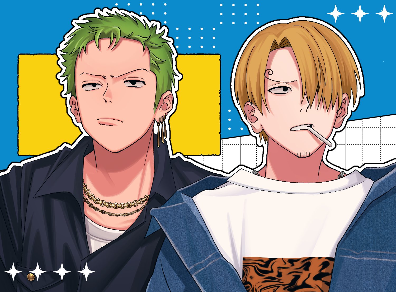 ntuki oo3, roronoa zoro, sanji (one piece), one piece, commentary, symbol-only commentary, 2boys, black shirt, blonde hair, blue jacket, cigarette, crew neck, curly eyebrows, earrings, facial hair, goatee, green hair, jacket, jewelry, looking to the side, male focus, multiple boys, multiple necklaces, necklace, open clothes, open jacket, parted hair, parted lips, piercing, print shirt, sanpaku, shirt, sideways glance, teeth, upper body, wing collar