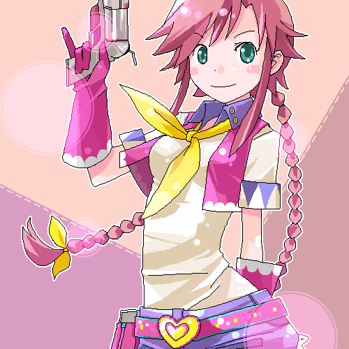shiba yuusuke, rebecca streisand, wild arms, wild arms 5, lowres, 1girl, m/, aqua eyes, belt, braid, gloves, green eyes, gun, handgun, heart, lens flare, long hair, oekaki, pink gloves, pink hair, purple background, revolver, smile, twin braids, twintails, vest, weapon
