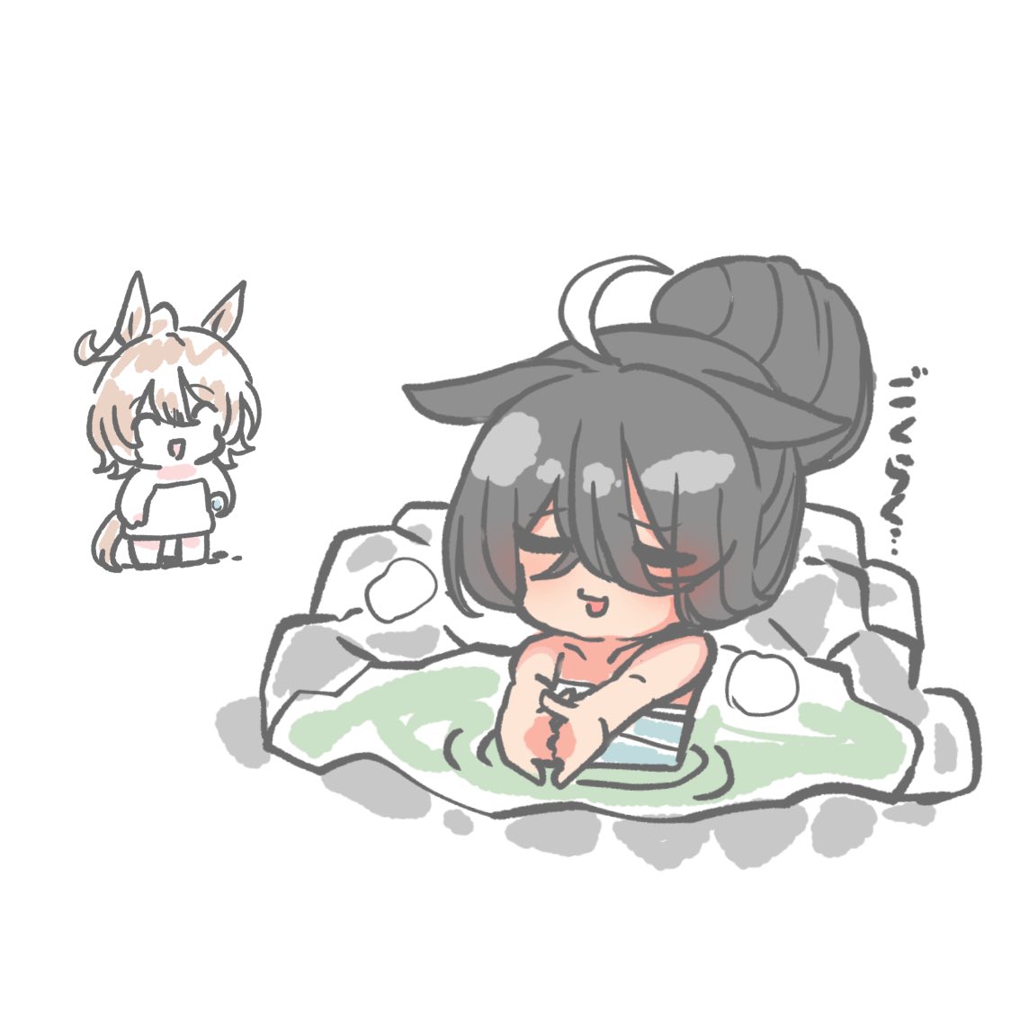 kawamochi (kawauti919), agnes tachyon (umamusume), manhattan cafe (umamusume), umamusume, translation request, 2girls, :d, ^ ^, animal ears, bare arms, bare shoulders, barefoot, black hair, brown hair, chibi, closed eyes, collarbone, hair between eyes, hair bun, horse ears, horse girl, horse tail, interlocked fingers, multicolored hair, multiple girls, naked towel, onsen, open mouth, partially submerged, simple background, smile, standing, stretching, tail, towel, two-tone hair, water, white background, white hair