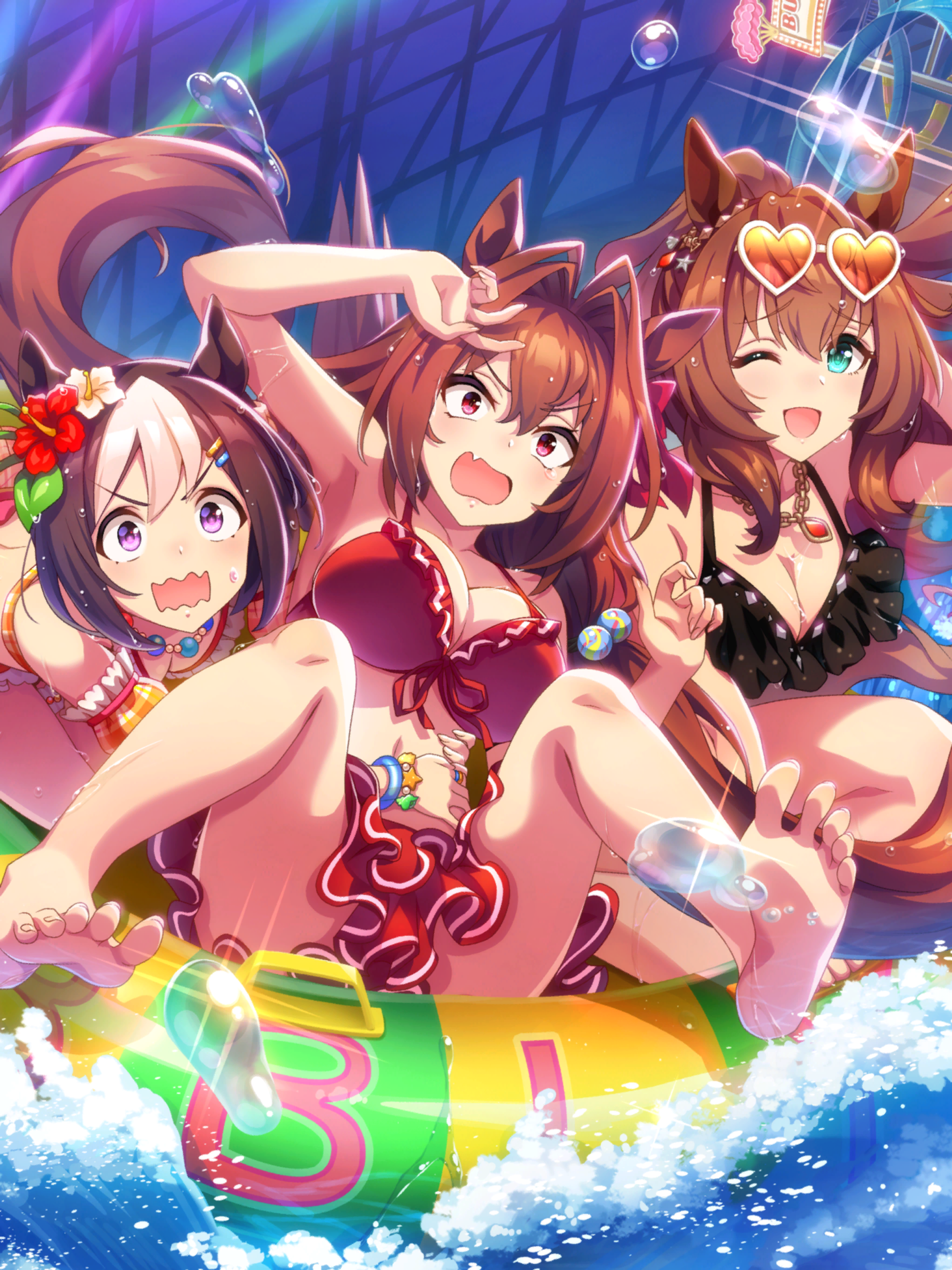 daiwa scarlet (trifle vacation) (umamusume), daiwa scarlet (umamusume), maruzensky (hot summer night) (umamusume), maruzensky (umamusume), special week (hopp'n happy heart) (umamusume), special week (umamusume), umamusume, absurdres, artist request, game cg, highres, official art, 3girls, animal ears, aqua eyes, arm behind head, bare arms, bare legs, bare shoulders, barefoot, bead necklace, beads, bikini, bikini ribbon, bikini skirt, black bikini, bow, breasts, brown hair, chain, chain necklace, cleavage, collarbone, detached sleeves, eyewear on head, fang, feet out of frame, floating hair, flower, frilled bikini, frilled sleeves, frills, full body, gem, glint, gold necklace, hair beads, hair between eyes, hair bobbles, hair bow, hair flower, hair intakes, hair ornament, hairclip, hand on another's hip, hibiscus, horse ears, horse girl, horse tail, innertube, jewelry, knees, large breasts, leaf, light blush, long hair, miniskirt, multicolored hair, multiple girls, navel, necklace, nervous smile, night, official alternate costume, one eye closed, open mouth, outdoors, parallel hairclips, pink eyes, plaid bikini, plaid clothes, ponytail, puffy short sleeves, puffy sleeves, purple eyes, raised inner eyebrows, red bikini, red bow, red flower, red gemstone, red ribbon, red skirt, ribbon, scared, short hair, short sleeves, sign, skin fang, skirt, smile, stage lights, stomach, streaked hair, sunglasses, swim ring, swimsuit, tail, tareme, twintails, v-shaped eyebrows, very long hair, water drop, wavy mouth, wet, white flower, wide-eyed, yellow bikini, yellow sleeves