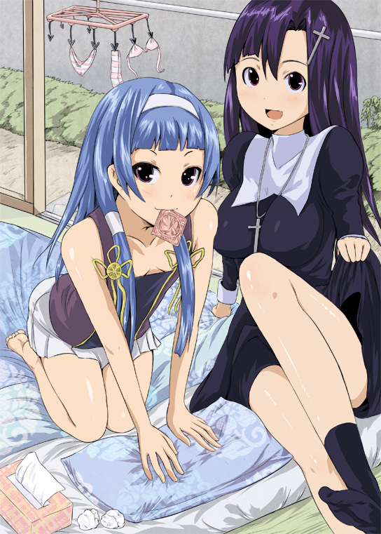 tomihero, nagi, zange, kannagi, bad id, bad pixiv id, 00s, 2girls, barefoot, blue hair, blunt bangs, condom, condom in mouth, cross, futon, long hair, long legs, mouth hold, multiple girls, purple hair, siblings, sisters, socks, tissue, tissue box
