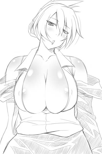 utamaro, 1girl, breasts, cleavage, female focus, greyscale, huge breasts, monochrome, short hair, solo