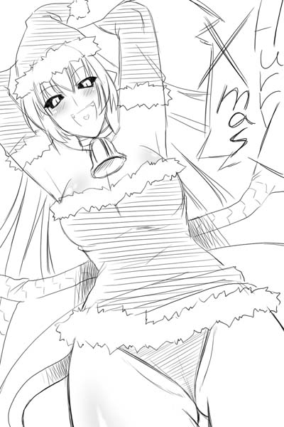 utamaro, astaroth (shinrabanshou), shinrabanshou, armpits, black sclera, blush, colored sclera, greyscale, hat, monochrome, panties, santa costume, santa hat, underwear, wings