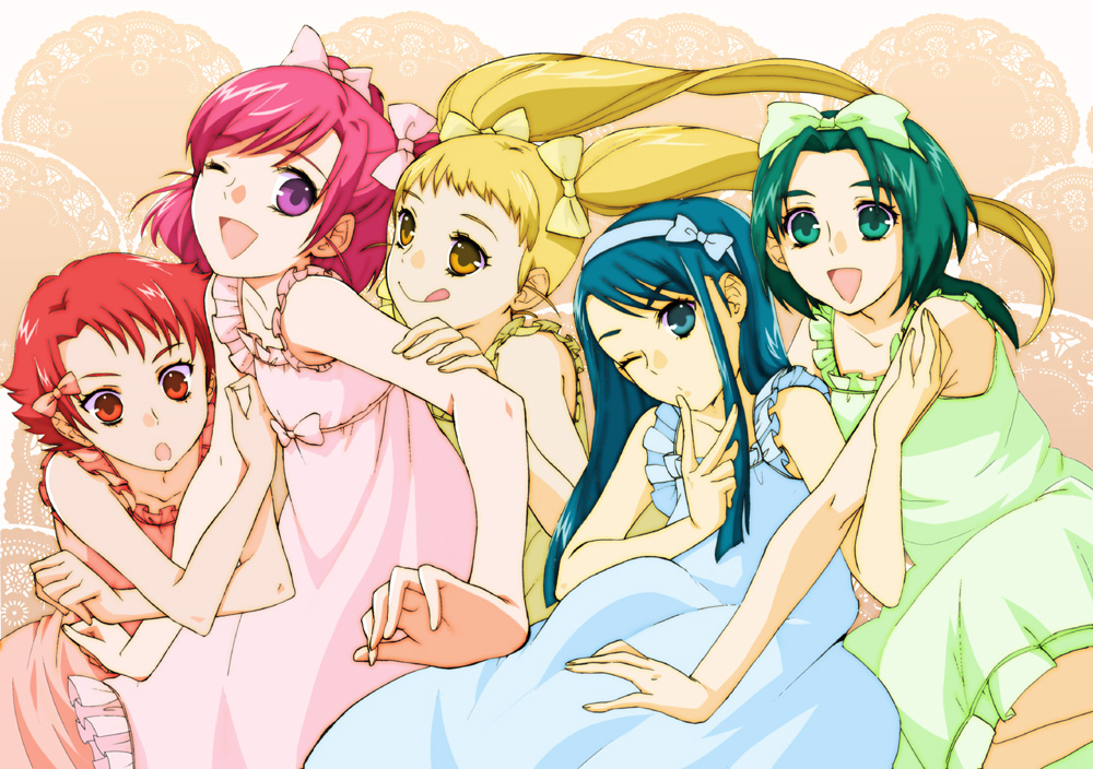 pama, akimoto komachi, kasugano urara (yes! precure 5), minazuki karen, natsuki rin, yumehara nozomi, precure, yes! precure 5, bad id, bad pixiv id, 00s, 5girls, :d, :q, blonde hair, blue eyes, blue hair, bow, dress, green eyes, green hair, hair bow, hair ribbon, hairband, multiple girls, one eye closed, open mouth, pink hair, purple eyes, red eyes, red hair, ribbon, smile, sundress, tongue, tongue out, twintails, wink, yellow eyes