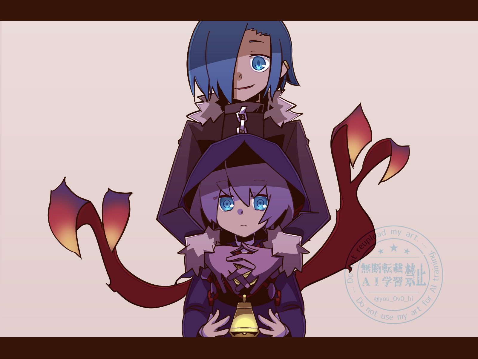 curse maker, curse maker 2, dark hunter, dark hunter (sekaiju), dark hunter 1, etrian odyssey, sekaiju no meikyuu, sekaiju no meikyuu 1, sekaiju no meikyuu 2, highres, 1boy, 1girl, bell, black jacket, blue eyes, blue hair, braid, chain, cloak, fur-trimmed jacket, fur trim, hood, hooded cloak, hug, hug from behind, jacket, looking at viewer, purple hair, you 0v0 hi