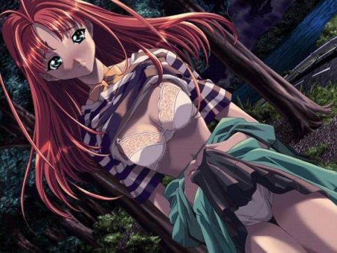 game cg, lowres, 1girl, blush, clothes lift, dutch angle, female focus, paint palette, red hair, shirt, skirt, skirt lift, solo, striped clothes, striped shirt