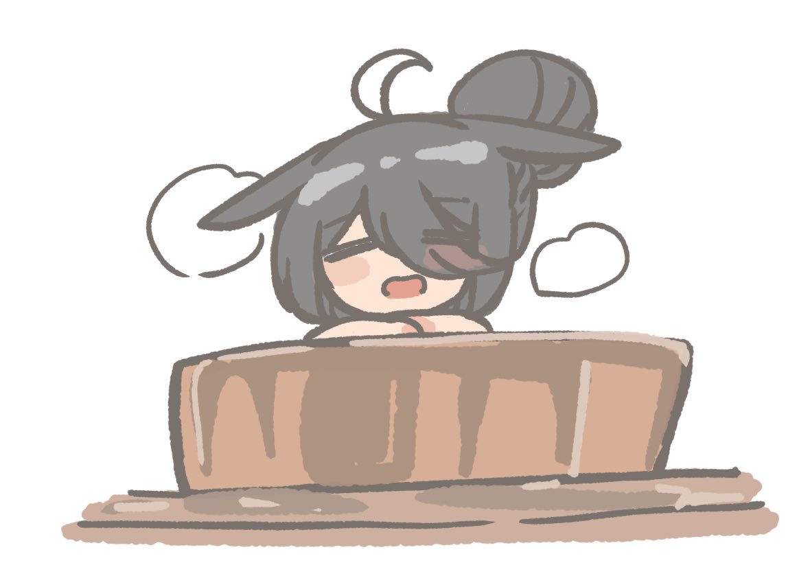 kawamochi (kawauti919), manhattan cafe (umamusume), umamusume, commentary request, 1girl, = =, ahoge, animal ears, black hair, blush stickers, chibi, closed eyes, ears down, facing viewer, hair bun, hair over one eye, horse ears, multicolored hair, open mouth, simple background, solo, two-tone hair, upper body, white background, white hair