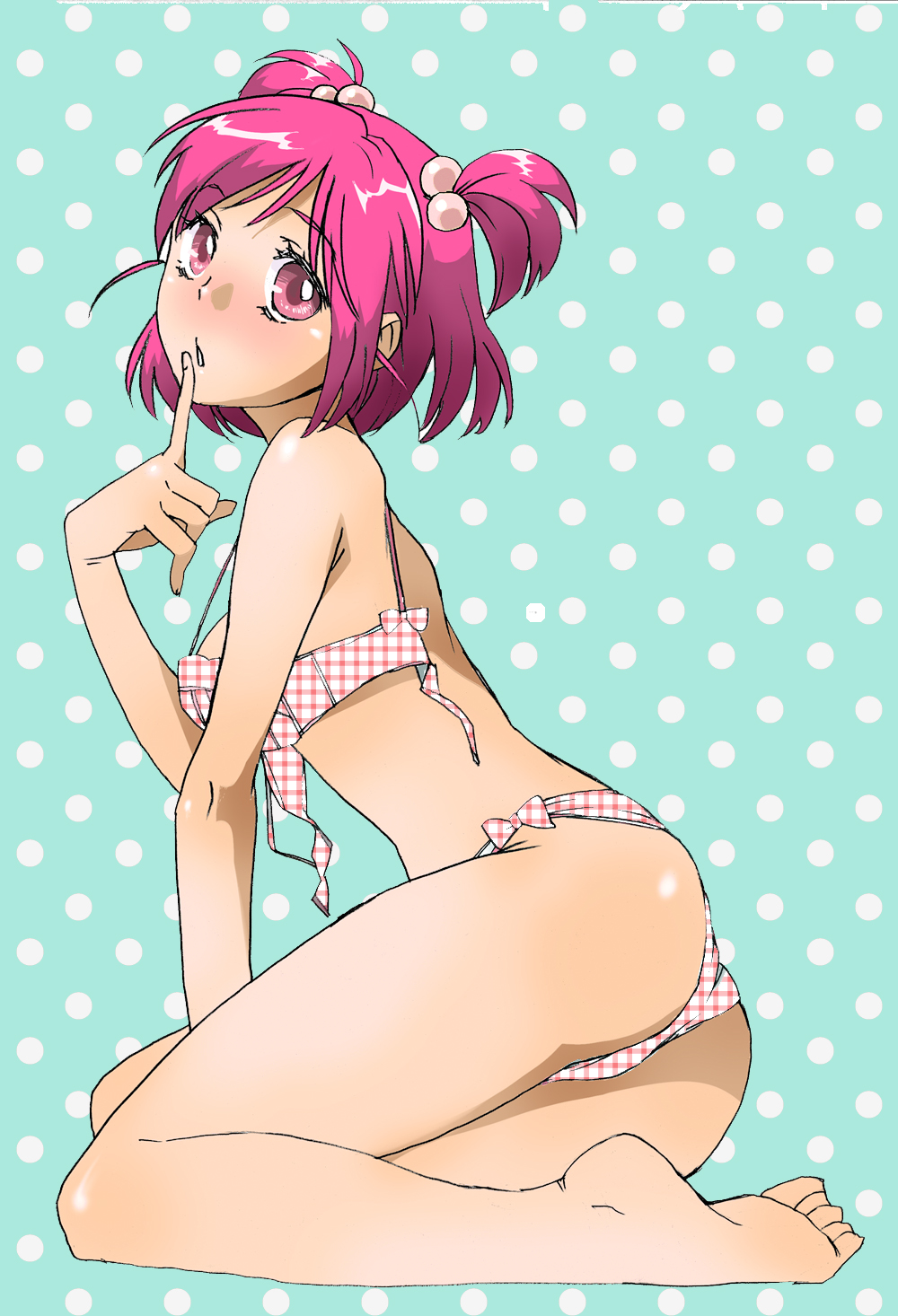 pama, yumehara nozomi, precure, yes! precure 5, bad id, bad pixiv id, highres, 00s, 1girl, ass, back, barefoot, bra, checkered bra, checkered clothes, checkered panties, feet, female focus, finger to mouth, hair bobbles, hair ornament, lingerie, looking back, panties, pink eyes, pink hair, plaid bra, plaid clothes, plaid panties, polka dot, polka dot background, sitting, soles, solo, twintails, two side up, underwear, underwear only, wardrobe malfunction