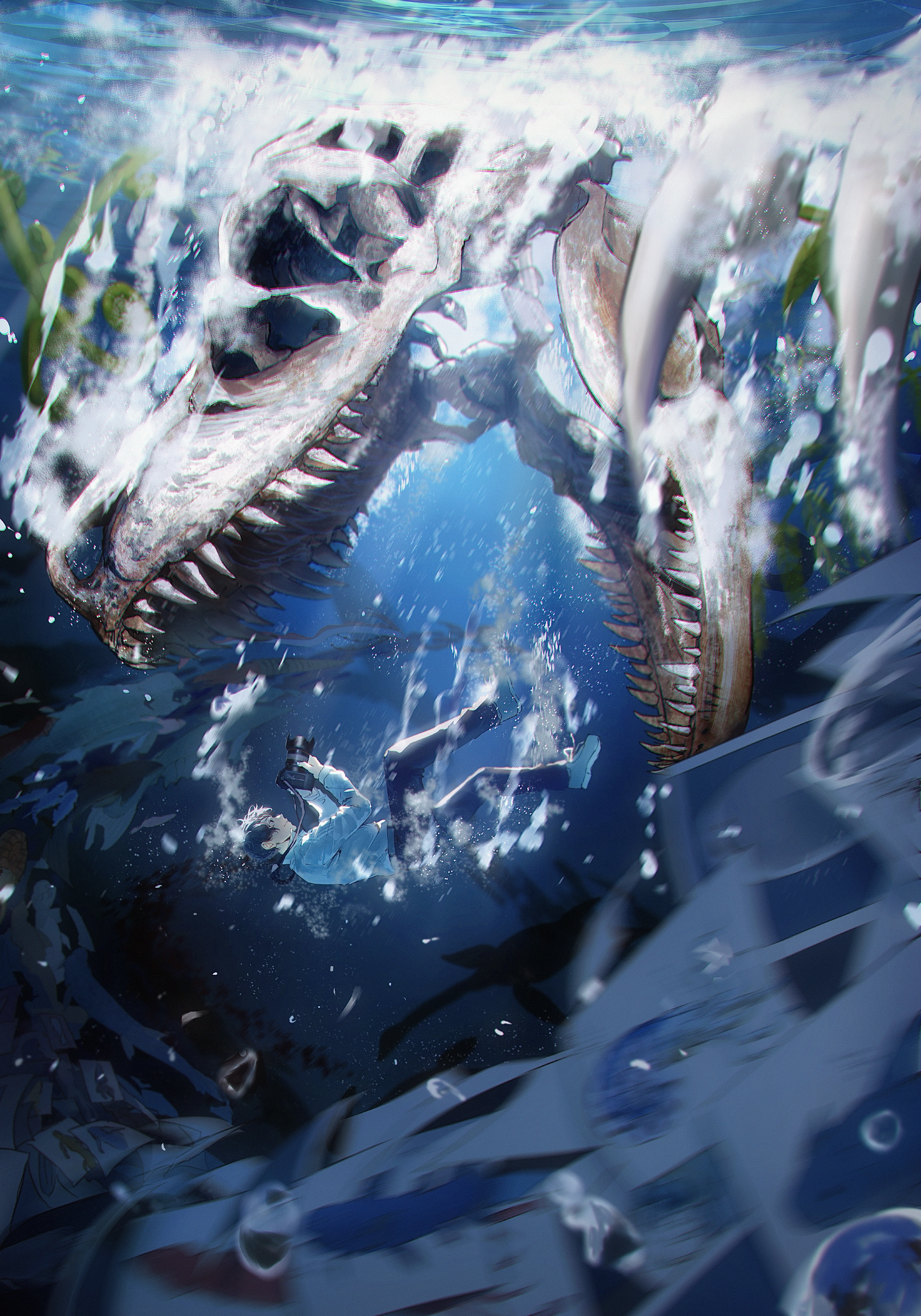 batori 112234, original, absurdres, commentary request, highres, 1boy, animal skeleton, black hair, black pants, camera, full body, grey shirt, grey shorts, holding, holding camera, long sleeves, ocean, oversized object, pants, shirt, short hair, shorts, skeleton, solo, taking picture, underwater, very short hair