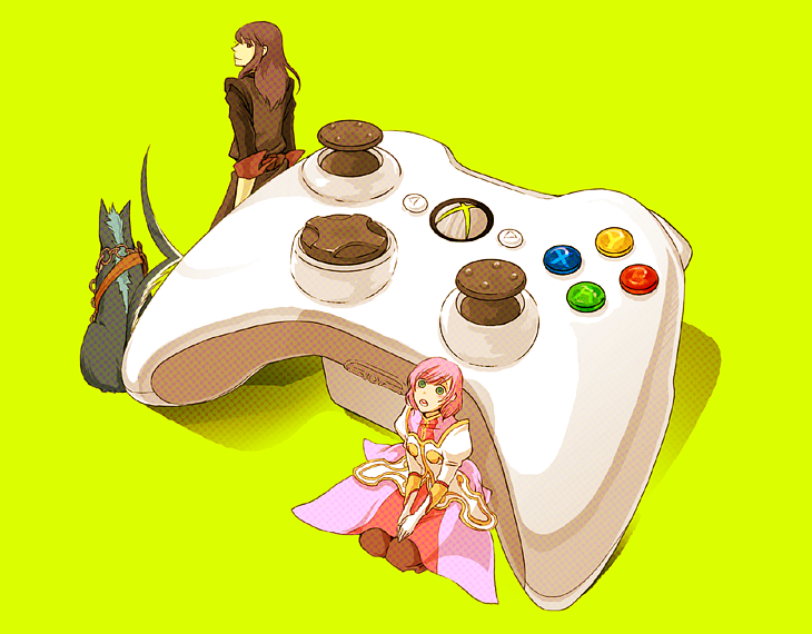 vaayunto yuuki, estellise sidos heurassein, repede (tales), yuri lowell, tales of (series), tales of vesperia, bad id, bad pixiv id, 00s, 1boy, 1girl, chain, collar, controller, dog, game console, game controller, green eyes, mini person, minigirl, pink hair, xbox 360