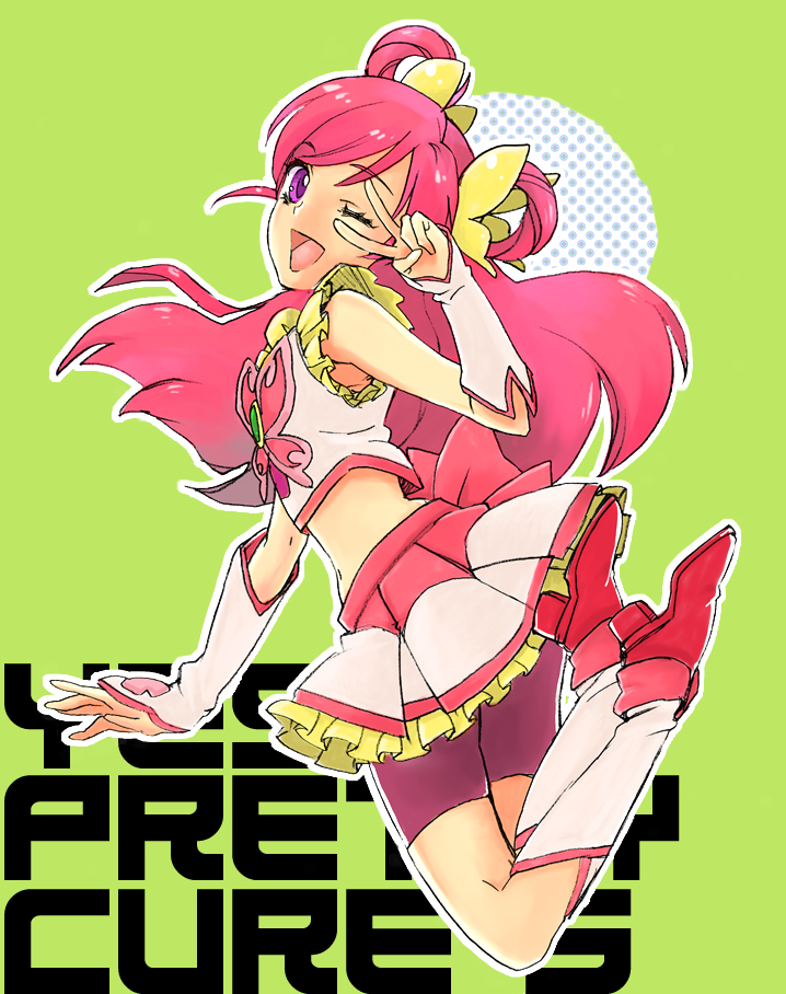pama, cure dream, yumehara nozomi, precure, yes! precure 5, bad id, bad pixiv id, 00s, 1girl, bike shorts, bike shorts under skirt, copyright name, female focus, green background, hair rings, jumping, long hair, magical girl, midriff, one eye closed, pink hair, pink shorts, purple eyes, shorts, shorts under skirt, smile, solo, v, v over eye, wink