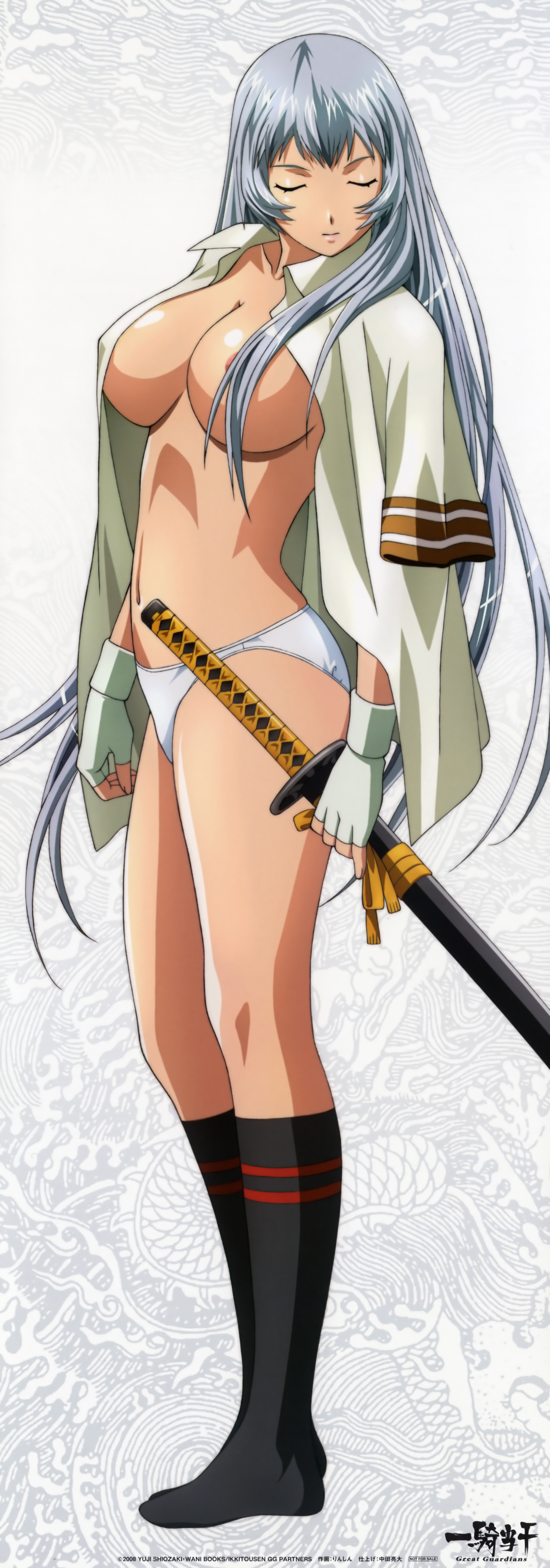 rin-sin, chouun shiryuu, ikkitousen, ikkitousen great guardians, silver hair, absurdres, highres, long image, tall image, 00s, 1girl, breasts, closed eyes, female focus, fingerless gloves, gloves, kneehighs, long hair, nipples, no bra, open clothes, open shirt, panties, school uniform, shirt, socks, solo, sword, underwear, weapon, white panties