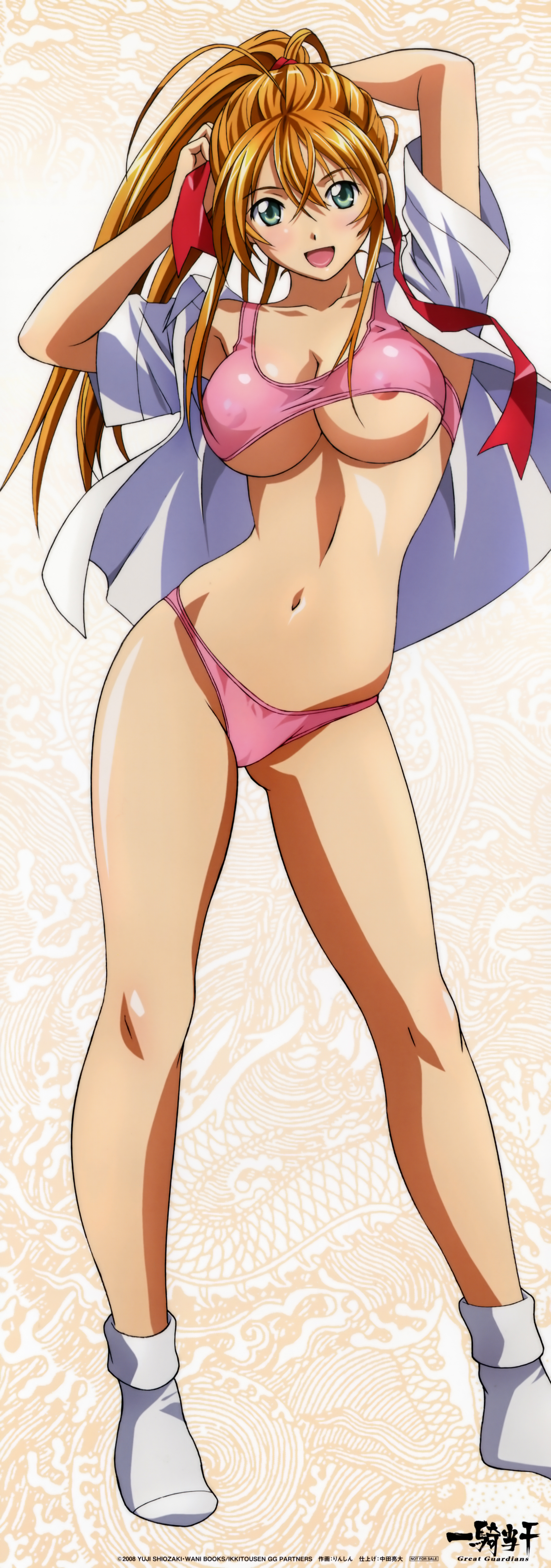 rin-sin, sonsaku hakufu, ikkitousen, ikkitousen great guardians, absurdres, highres, long image, tall image, 00s, 1girl, adjusting hair, ahoge, areola slip, arms behind head, blonde hair, blush, bra, bra lift, breasts, cleavage, clothes lift, contrapposto, female focus, full body, green eyes, hair ribbon, hip focus, legs, lingerie, long hair, long legs, looking at viewer, midriff, navel, nipple slip, nipples, open clothes, open mouth, open shirt, orange hair, panties, pink panties, ponytail, ribbon, shiny skin, shirt, socks, solo, sports bra, sports bra lift, standing, thighs, underboob, underwear, wide hips