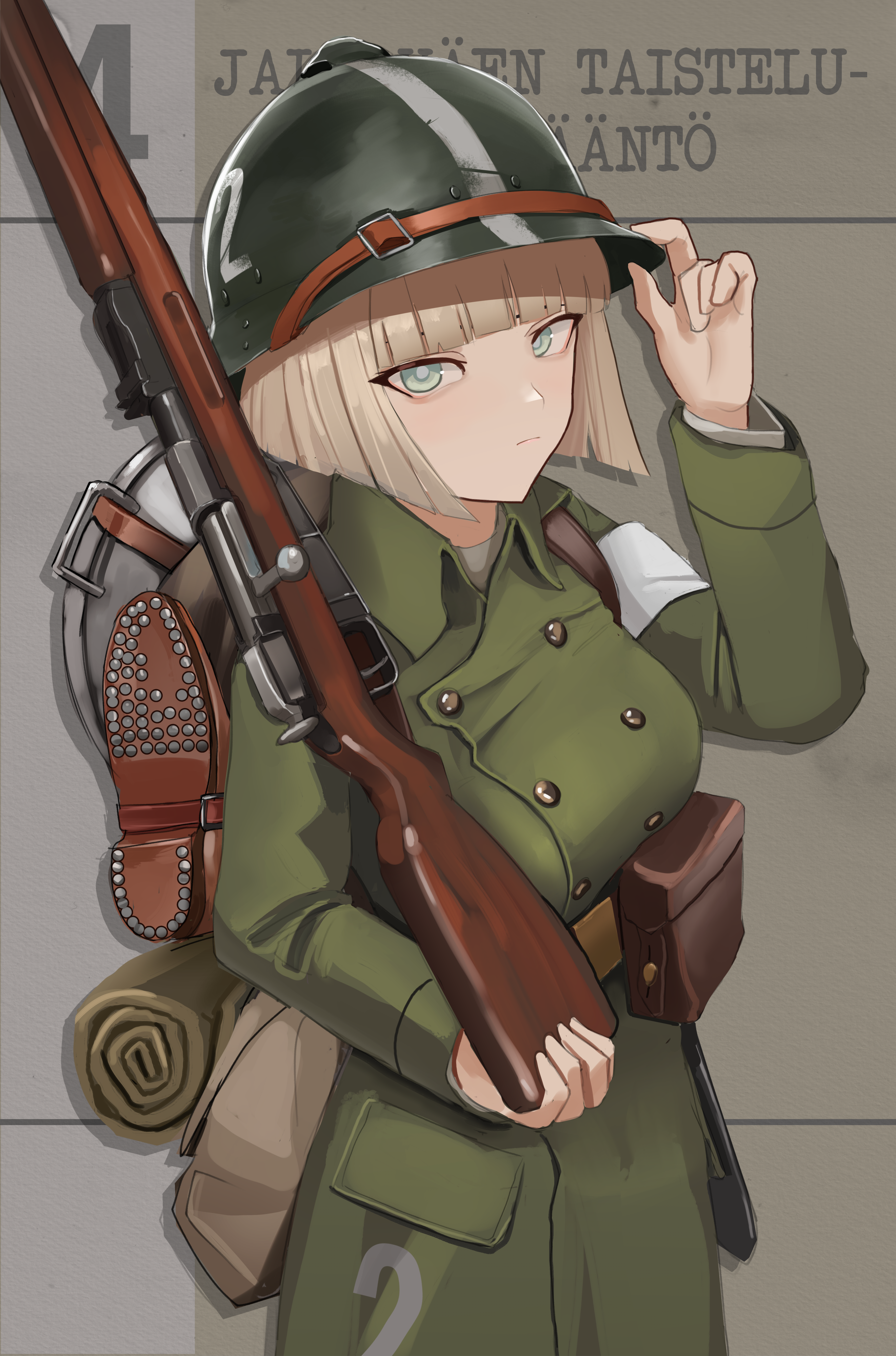 klottinen, original, absurdres, commentary, english commentary, highres, translation request, 1girl, armband, belt, blonde hair, blue eyes, blunt bangs, bob cut, bolt action, boots, breasts, brown bag, brown belt, brown boots, brown coat, buttons, closed mouth, coat, combat helmet, cowboy shot, double-breasted, expressionless, finnish army, finnish civil war, finnish text, gun, hand up, helmet, knife sheath, large breasts, long sleeves, looking at viewer, military, mosin-nagant, pouch, rifle, sheath, simple background, snowshoes, trench coat, unworn boots, weapon, white armband