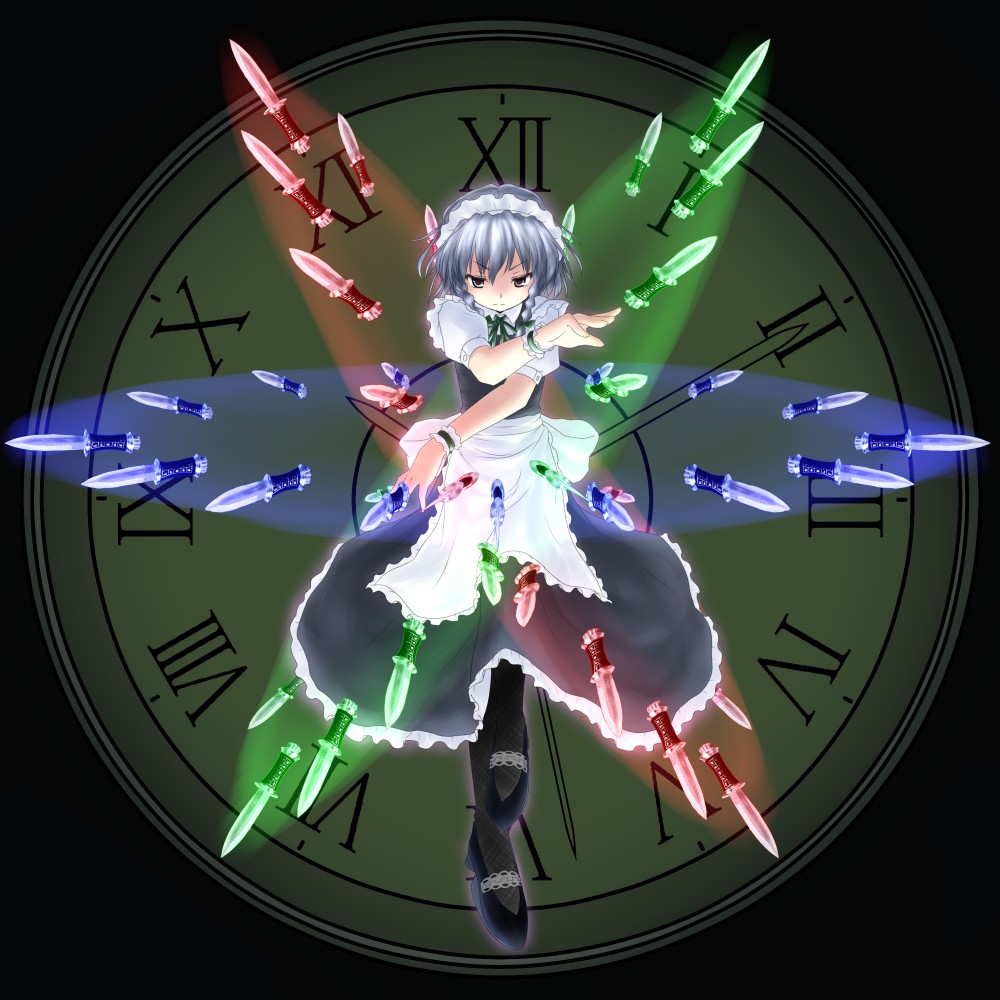 natsu no koucha, izayoi sakuya, touhou, silver hair, 1girl, apron, bow, braid, clock, danmaku, female focus, floating, grey eyes, hair bow, knife, maid, maid apron, maid headdress, serious, solo, throwing knife, twin braids, weapon, wrist cuffs
