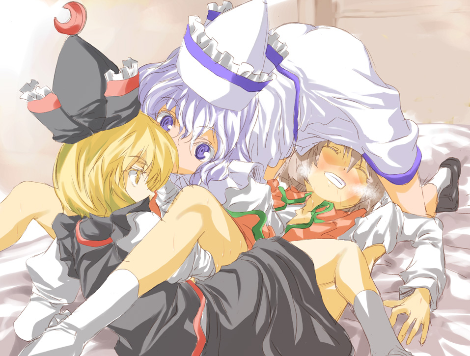 sangensei, yohane, lunasa prismriver, lyrica prismriver, merlin prismriver, touhou, 3girls, ^ ^, blonde hair, blue eyes, blush, brown hair, closed eyes, coat, crescent, female focus, fff threesome, group incest, group sex, hat, heavy breathing, incest, loli, long hair, lying, multiple girls, on back, open clothes, open coat, short hair, siblings, sisters, skirt, skirt set, threesome, white hair, yellow eyes, yuri