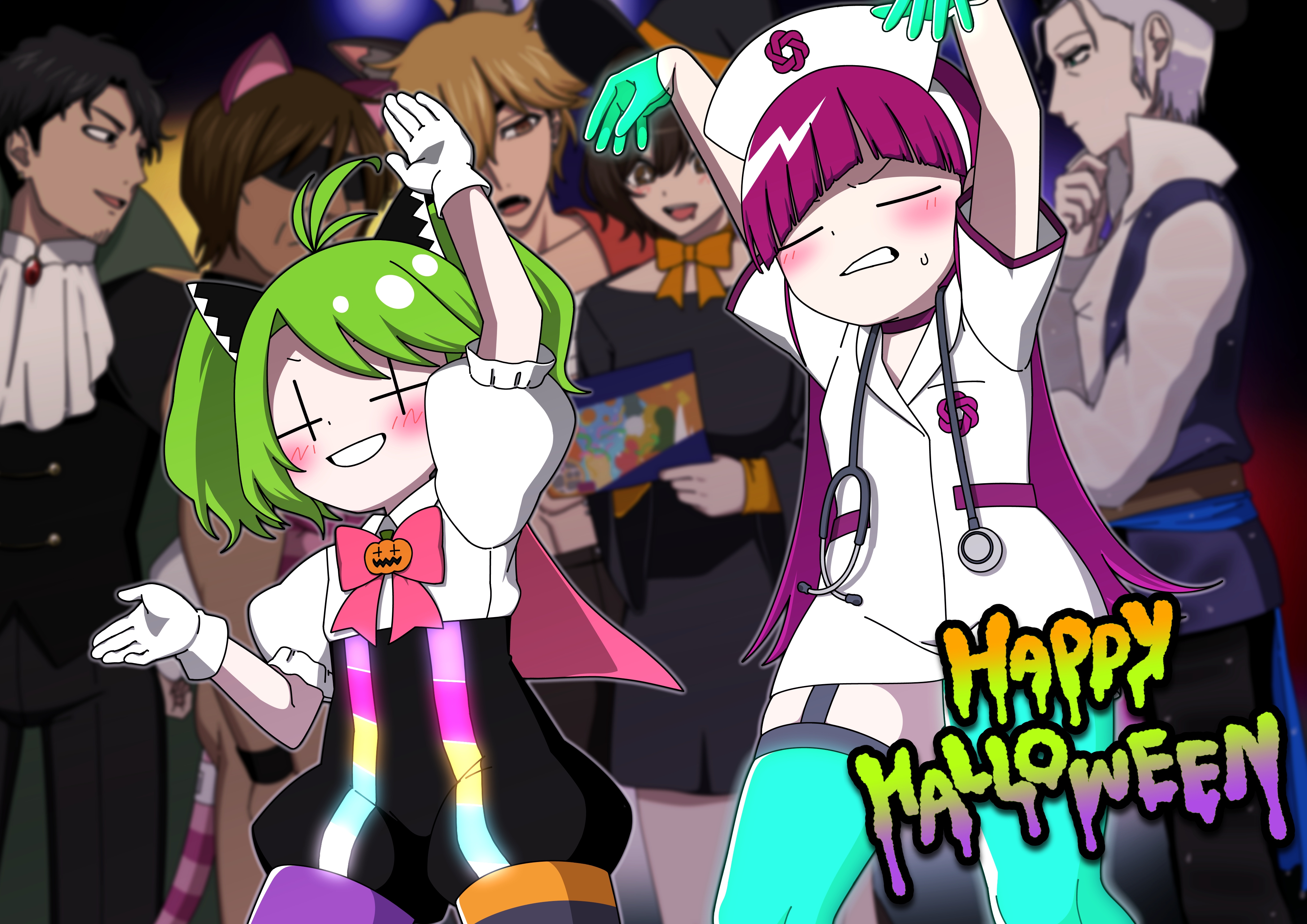 yamaimosatoimo, takuya (acceed), manatsu no yo no inmu, absurdres, character request, clothing request, gender request, highres, + +, 3girls, 4boys, = =, ahoge, alternate hairstyle, aqua thighhighs, arm up, arms up, asymmetrical legwear, blurry, blurry background, blush, bow, bowtie, capelet, chatgpt, chatgpt-tan, clenched teeth, closed eyes, coat, cowboy shot, garter straps, gloves, green gloves, green hair, happy halloween, hat, lab coat, long hair, manager (inmu), mismatched legwear, multiple boys, multiple girls, nurse, nurse cap, outstretched arms, outstretched hand, personification, pink bow, pink bowtie, pink capelet, puffy short sleeves, puffy sleeves, purple hair, rubber gloves, short hair, short sleeves, short twintails, skindentation, smile, stethoscope, sweatdrop, teeth, thighhighs, tone sphere, trin (tone sphere), twintails, very long hair, white coat, white gloves, zombie pose