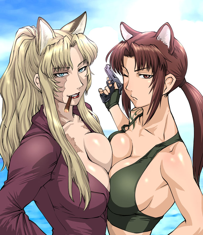 ueyama michirou, balalaika (black lagoon), revy (black lagoon), black lagoon, 00s, 2girls, animal ears, blonde hair, blue eyes, breast press, breasts, brown eyes, brown hair, burn scar, cat ears, cigar, cleavage, gun, large breasts, long hair, multiple girls, muscular, one eye closed, scar, scar across eye, scar on face, shoulder tattoo, smoking, symmetrical docking, symmetry, tattoo, weapon, wink