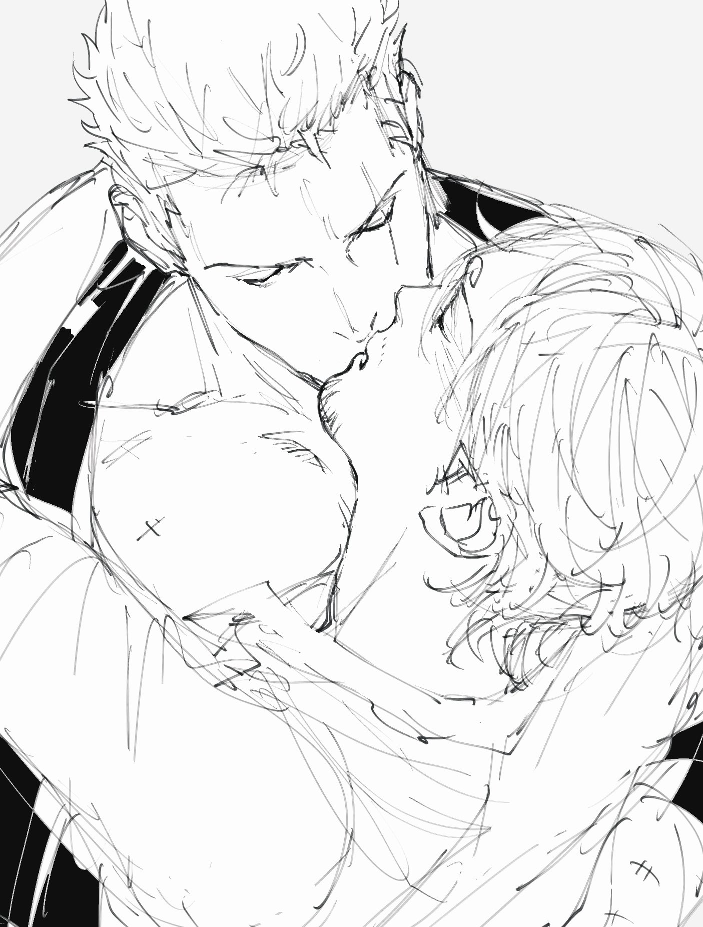 kzwtr8, roronoa zoro, sanji (one piece), one piece, commentary request, highres, 2boys, bare pectorals, closed eyes, collared shirt, curly eyebrows, facial hair, goatee, greyscale, kiss, male focus, monochrome, multiple boys, pectorals, scar, scar across eye, scar on face, shirt, short hair, simple background, sketch, upper body, white background, yaoi