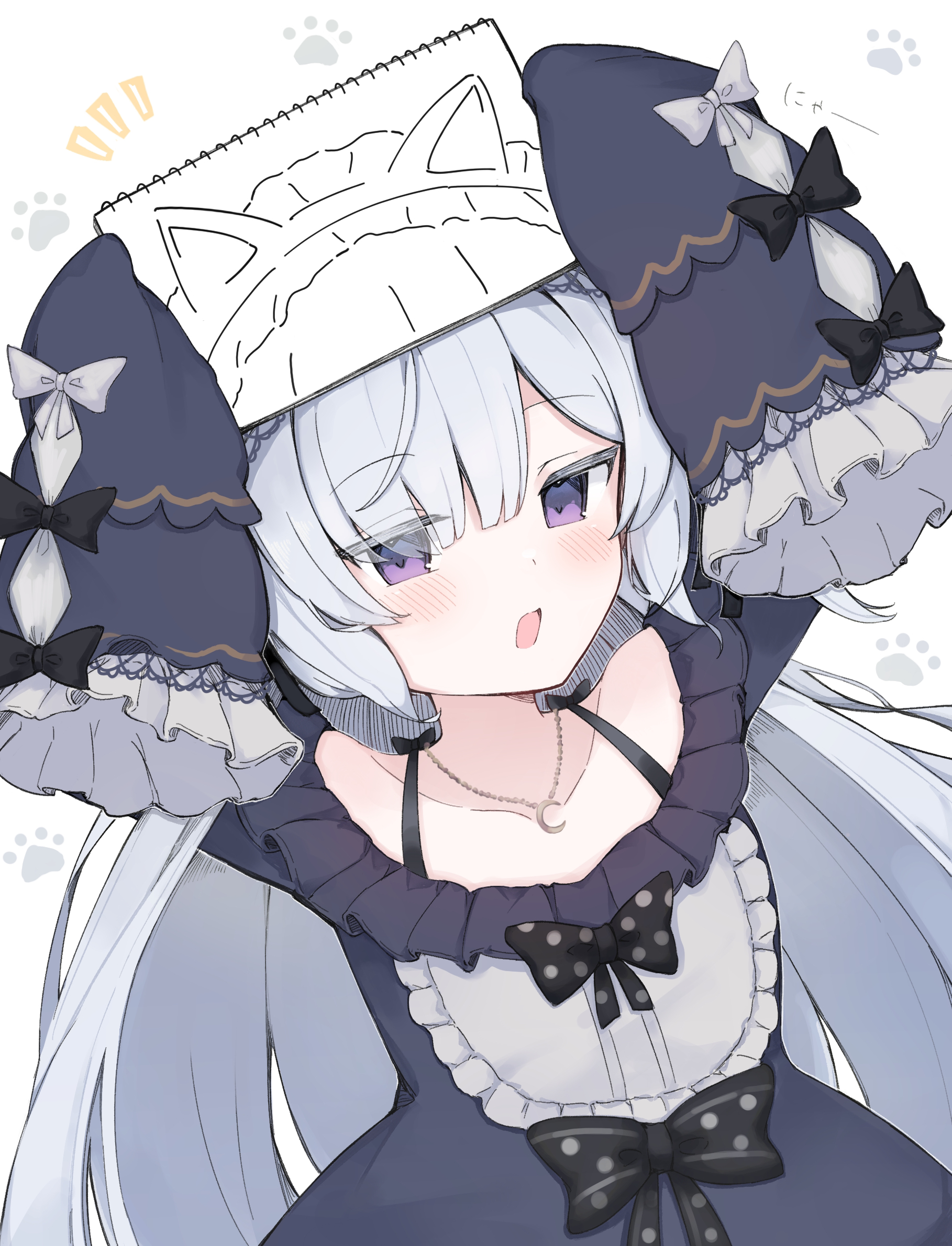 natsume an-an, mahou shoujo no majo saiban, commentary request, highres, 1girl, animal ear hairband, animal ears, arms up, blue dress, bow, cat ear hairband, cat ears, crescent, crescent necklace, drawn ears, dress, fake animal ears, frilled dress, frills, gothic lolita, hair over one eye, hairband, holding, holding sketchbook, jewelry, lolita fashion, long hair, long sleeves, looking at viewer, magical girl, mozzs, necklace, notice lines, open mouth, polka dot, polka dot bow, purple eyes, simple background, sketchbook, solo, tied sleeves, white background