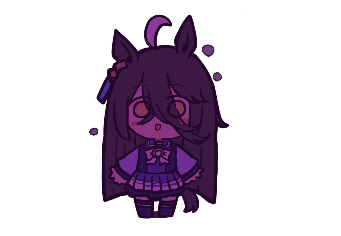 kawamochi (kawauti919), manhattan cafe (umamusume), umamusume, 1girl, :d, ahoge, animal ears, black hair, bow, brown eyes, chibi, eyes visible through hair, full body, hair between eyes, horse ears, horse girl, horse tail, long hair, long sleeves, looking at viewer, meme, multicolored hair, no shoes, open mouth, pleated skirt, poison yuuka (meme), puffy long sleeves, puffy sleeves, purple shirt, purple skirt, purple thighhighs, school uniform, shadow, shirt, skirt, smile, solo, standing, tail, thighhighs, tracen school uniform, two-tone hair, very long hair, white bow, white hair