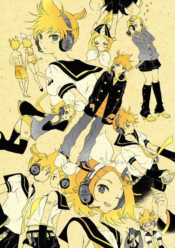 manami (artist), sugano manami, hatsune miku, kagamine len, kagamine rin, vocaloid, 1boy, 2girls, blonde hair, blush, multiple girls, one eye closed, wink