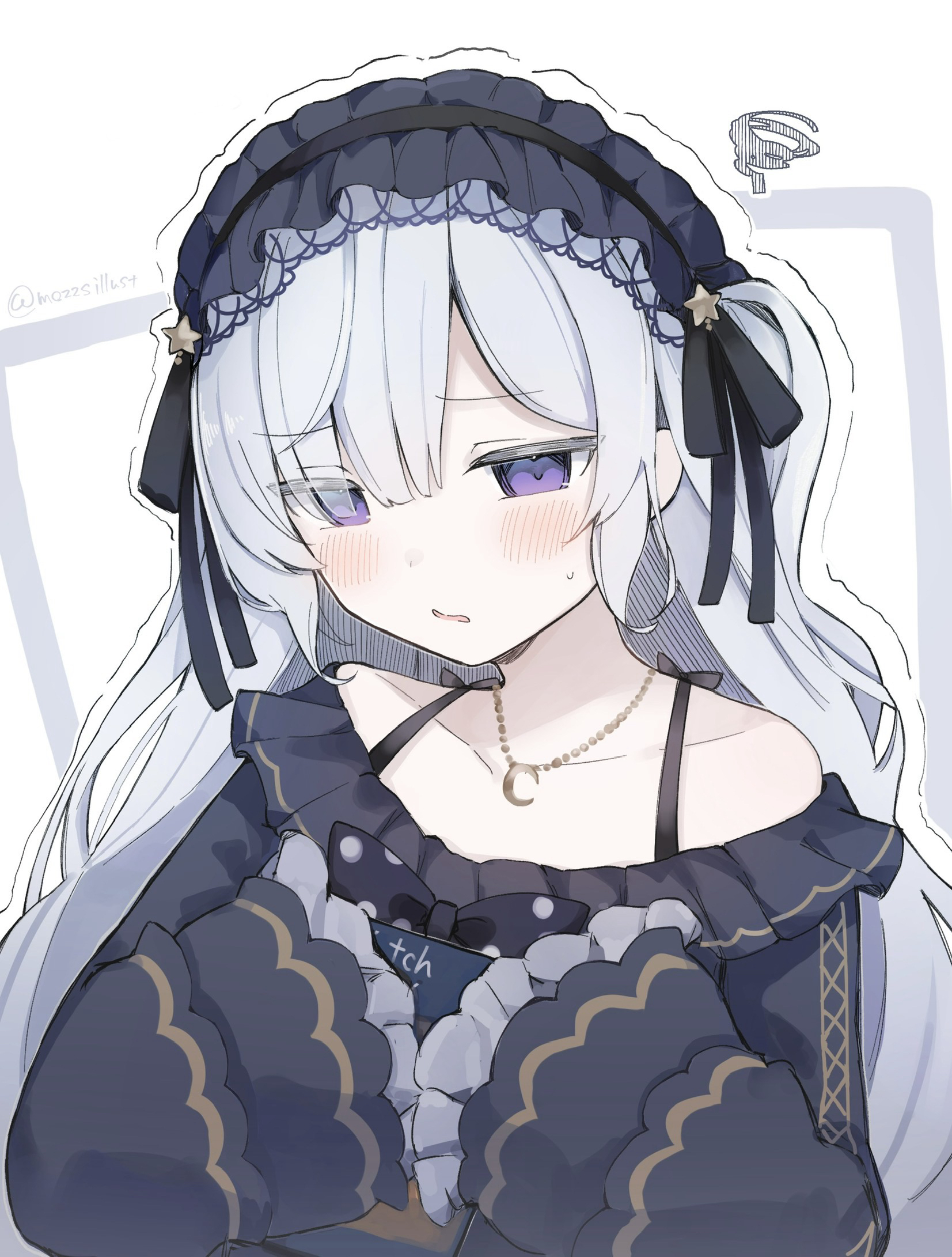 natsume an-an, mahou shoujo no majo saiban, commentary request, highres, 1girl, black ribbon, blush, crescent, crescent necklace, frilled sleeves, frills, furrowed brow, gothic lolita, hair over one eye, hair ribbon, hairband, hands up, holding, holding sketchbook, jewelry, lolita fashion, lolita hairband, long hair, long sleeves, looking at viewer, magical girl, mozzs, necklace, purple eyes, ribbon, shy, sketchbook, sleeves past fingers, sleeves past wrists, solo, squiggle, star (symbol), sweatdrop, upper body